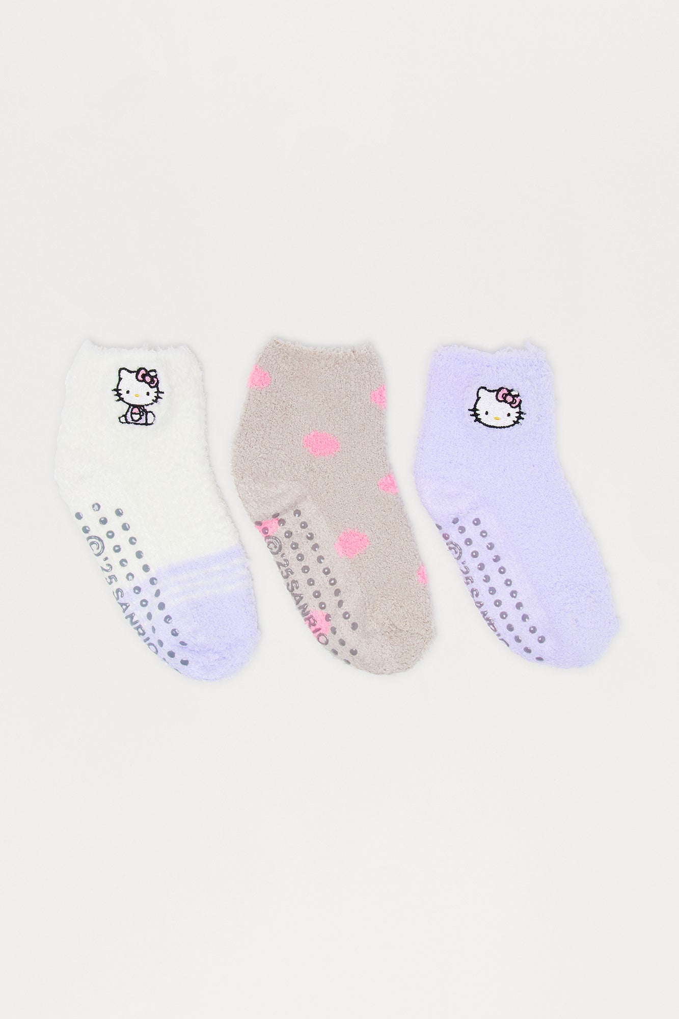 Mini Hello Kitty Fuzzy Crew Socks 3 Pack - Grey/combo