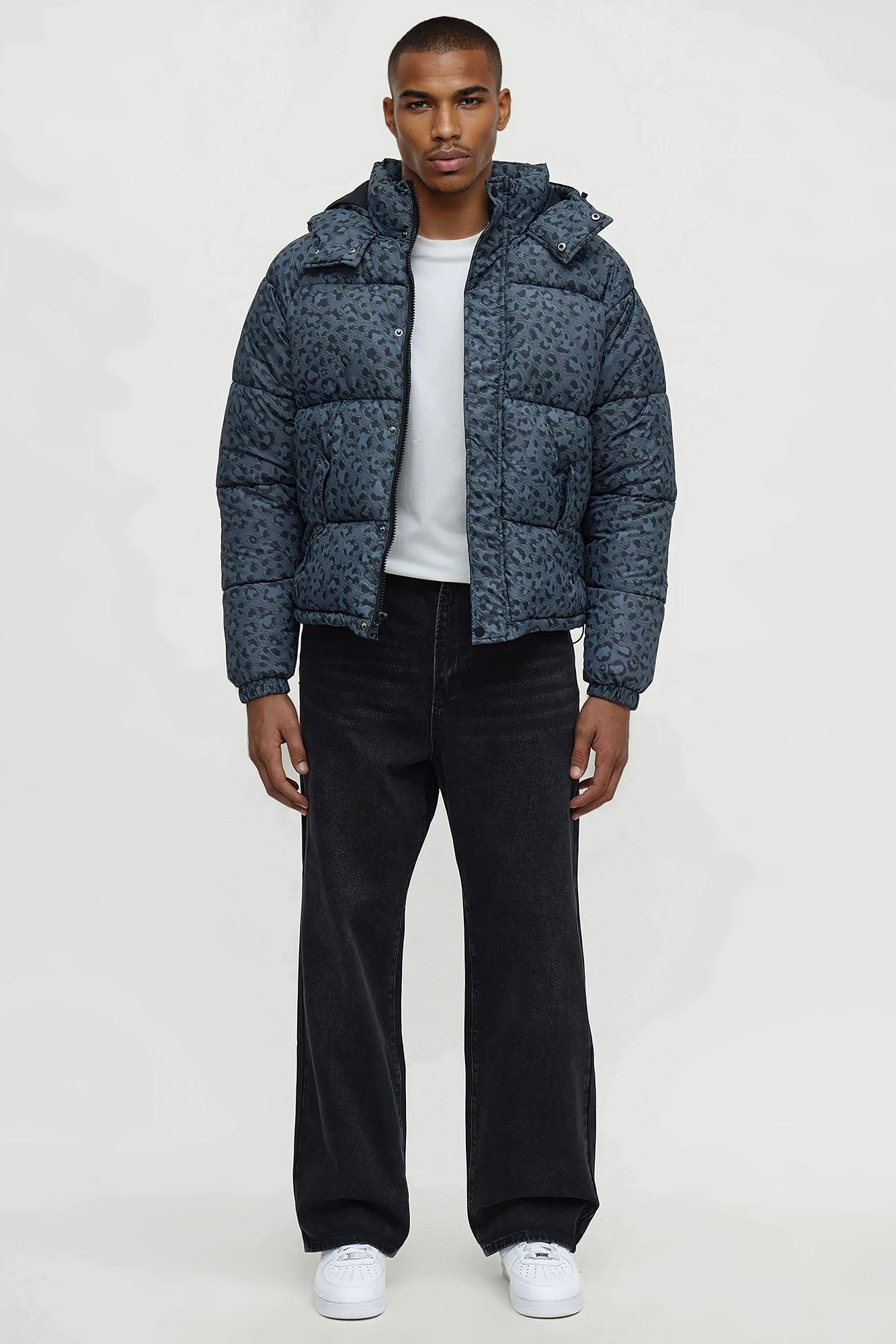 On A Trip Hooded Leopard Printed Puffer Jacket - Dark Grey