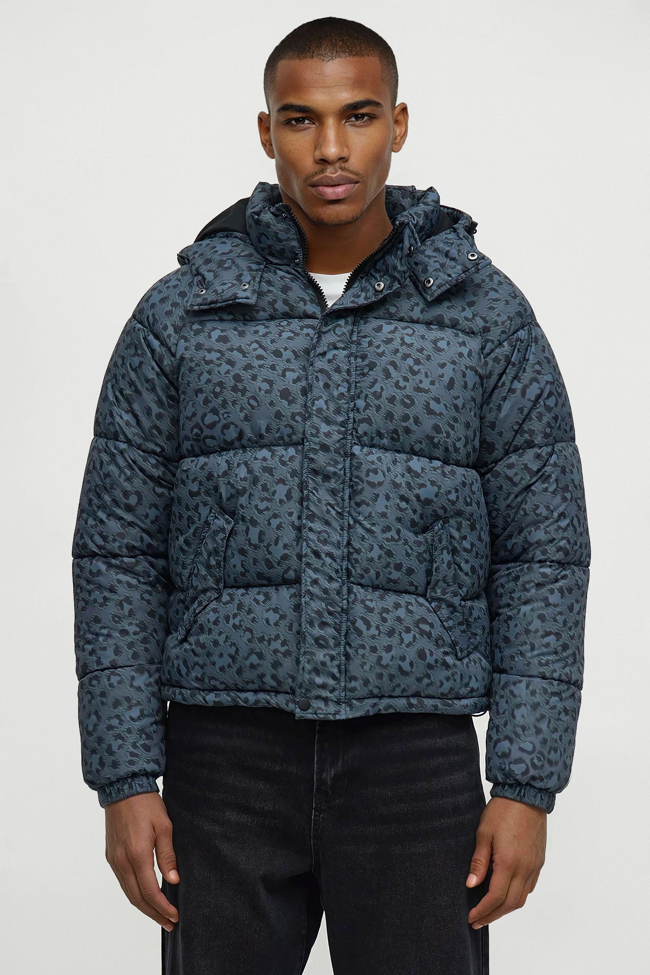 On A Trip Hooded Leopard Printed Puffer Jacket - Dark Grey