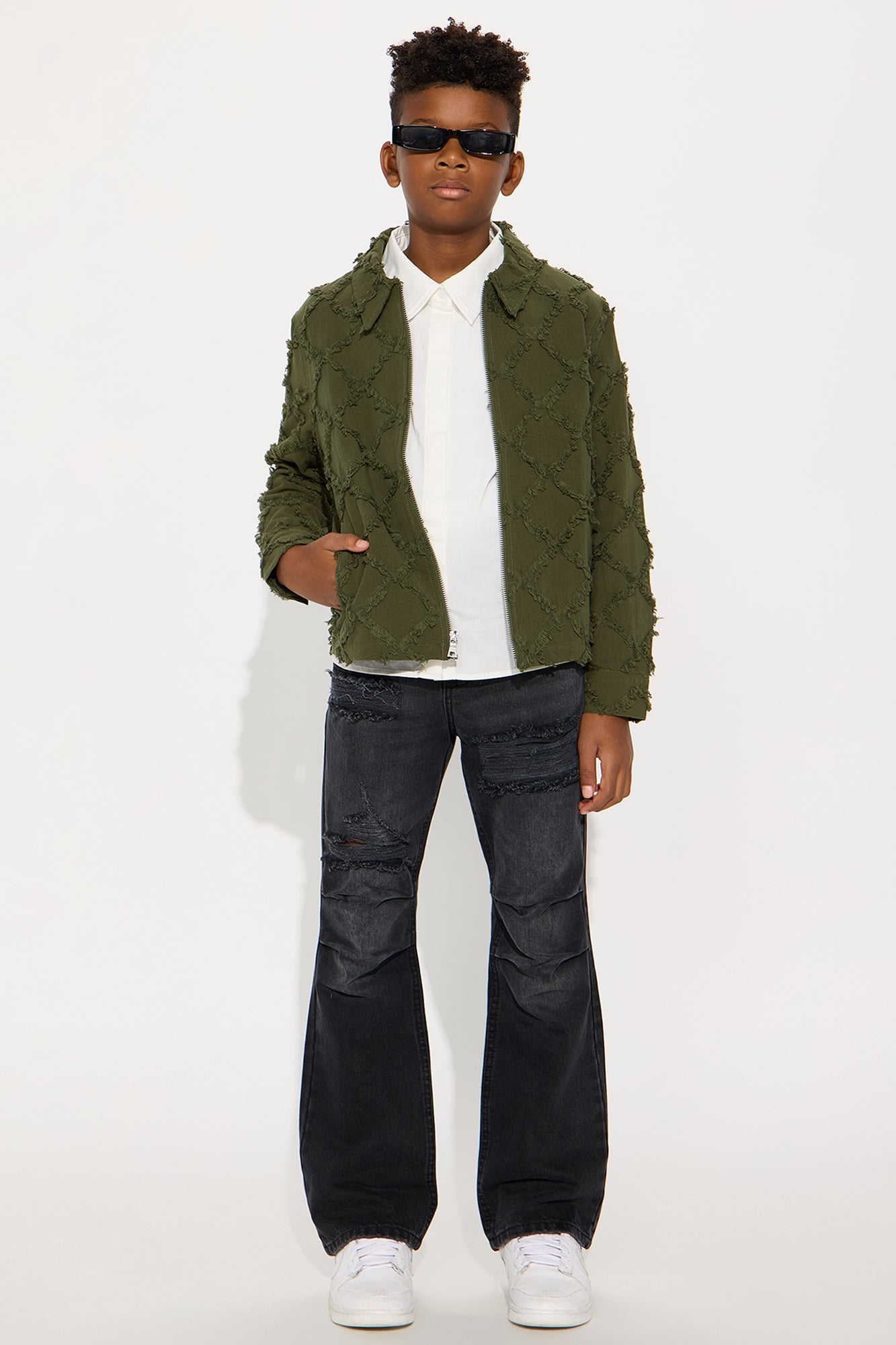 Mini Textured Diamond Frayed Work Jacket - Green
