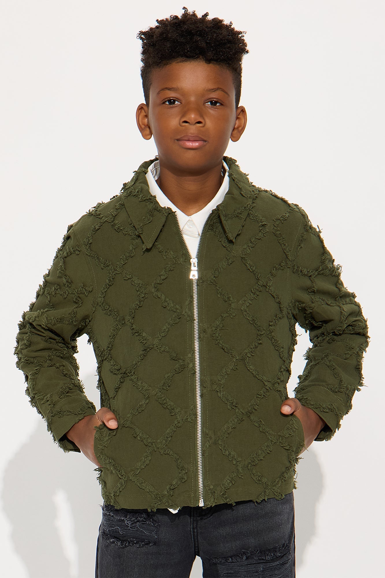 Mini Textured Diamond Frayed Work Jacket - Green