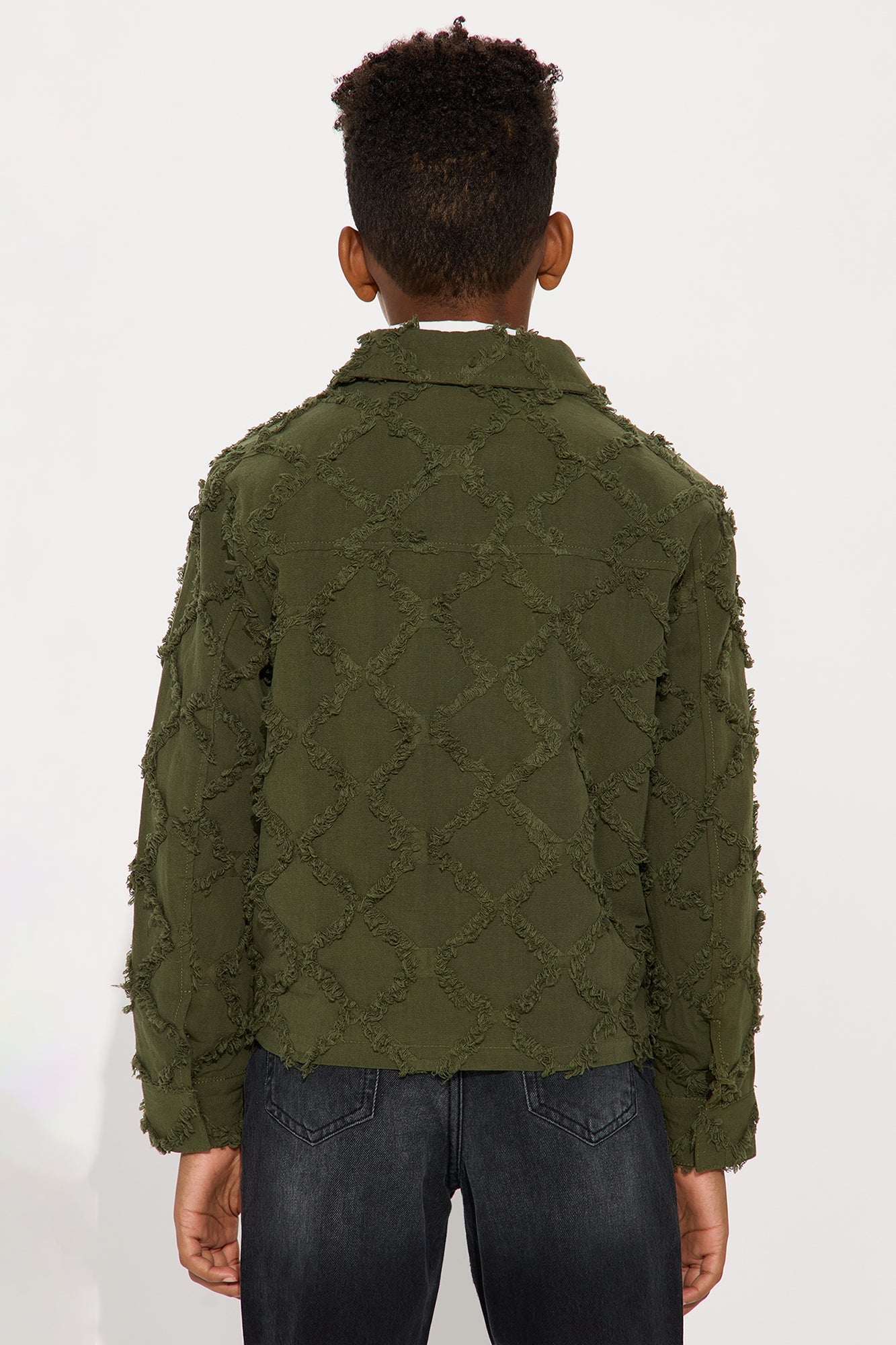 Mini Textured Diamond Frayed Work Jacket - Green