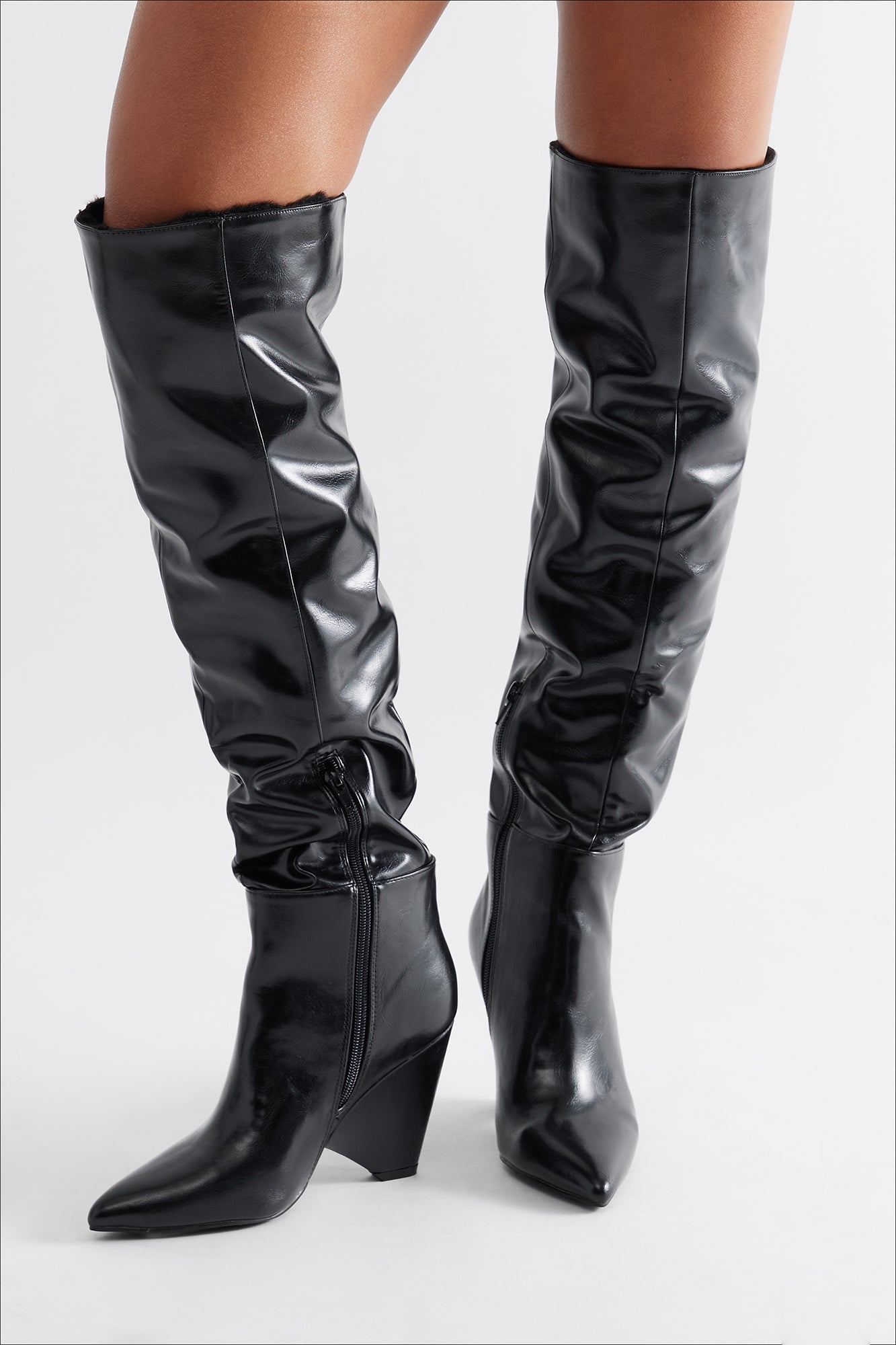 Tirzah Fur Trim Thigh High Boots - Black