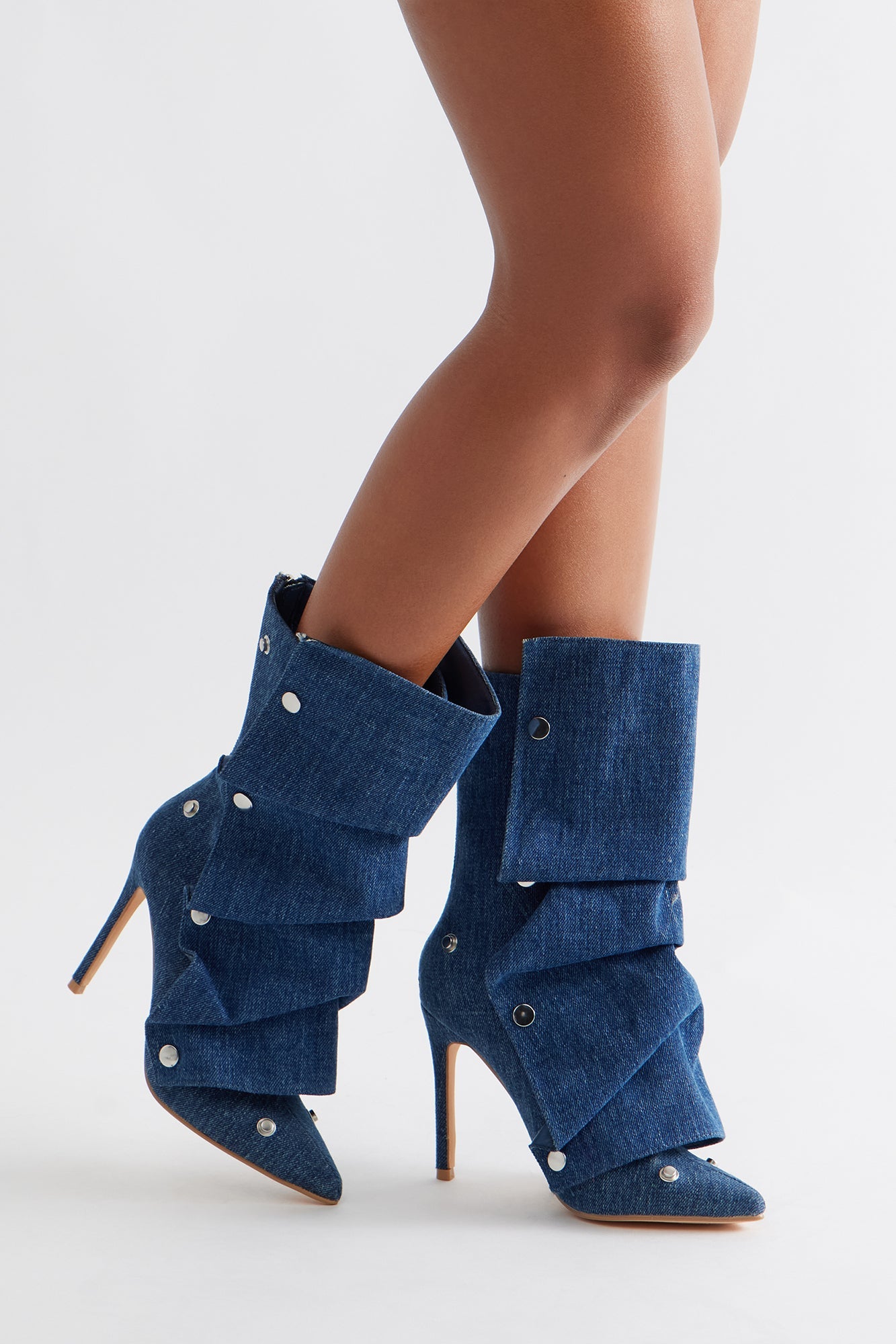 Amata Studded Stiletto Boots - Denim