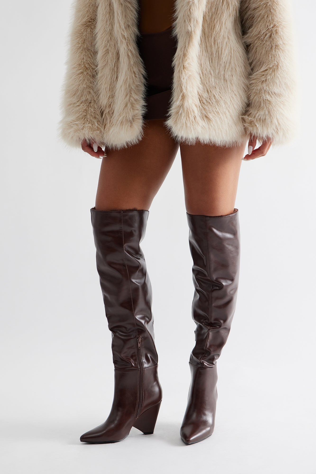 Tirzah Fur Trim Thigh High Boots - Chocolate