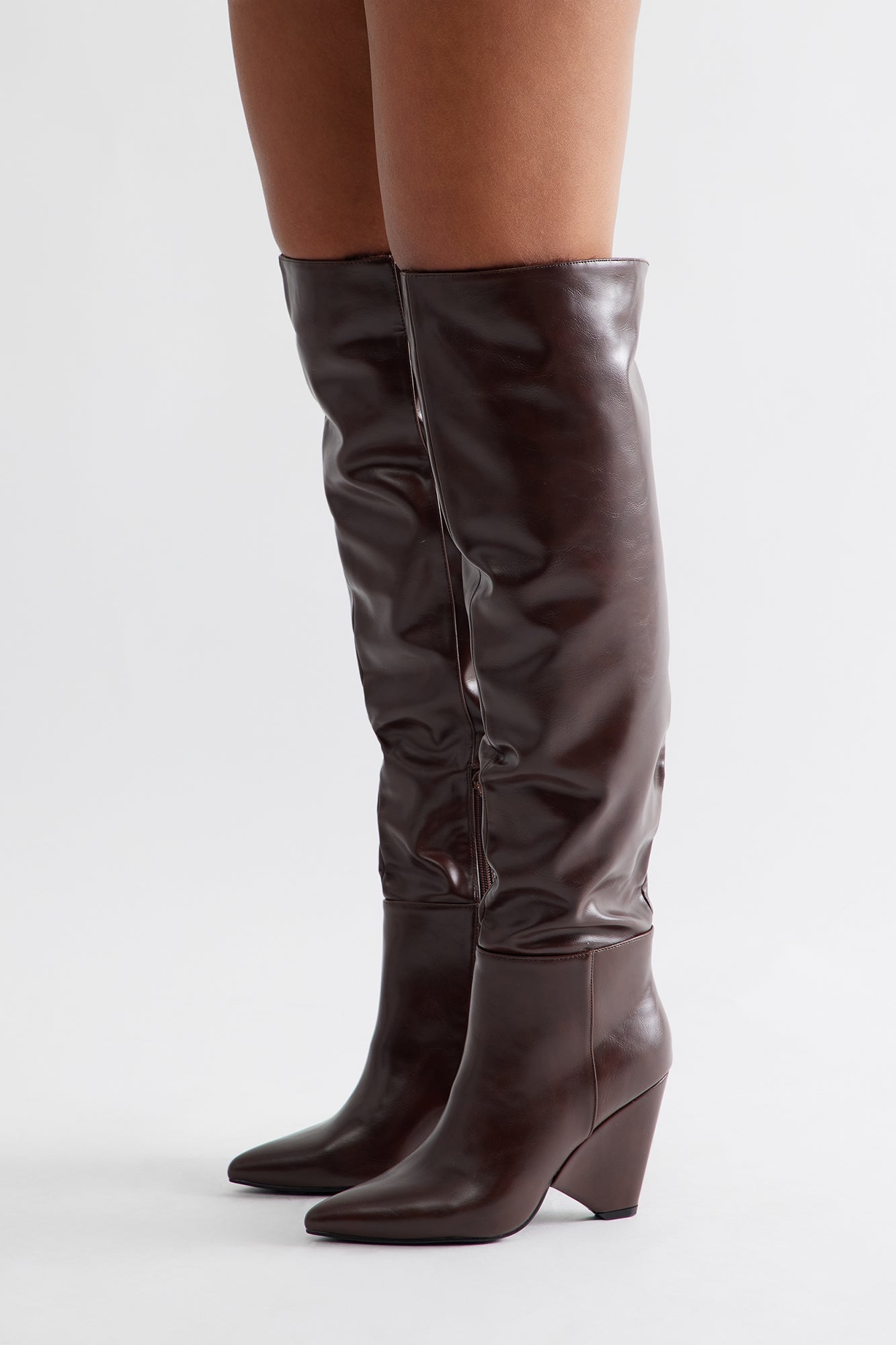 Tirzah Fur Trim Thigh High Boots - Chocolate