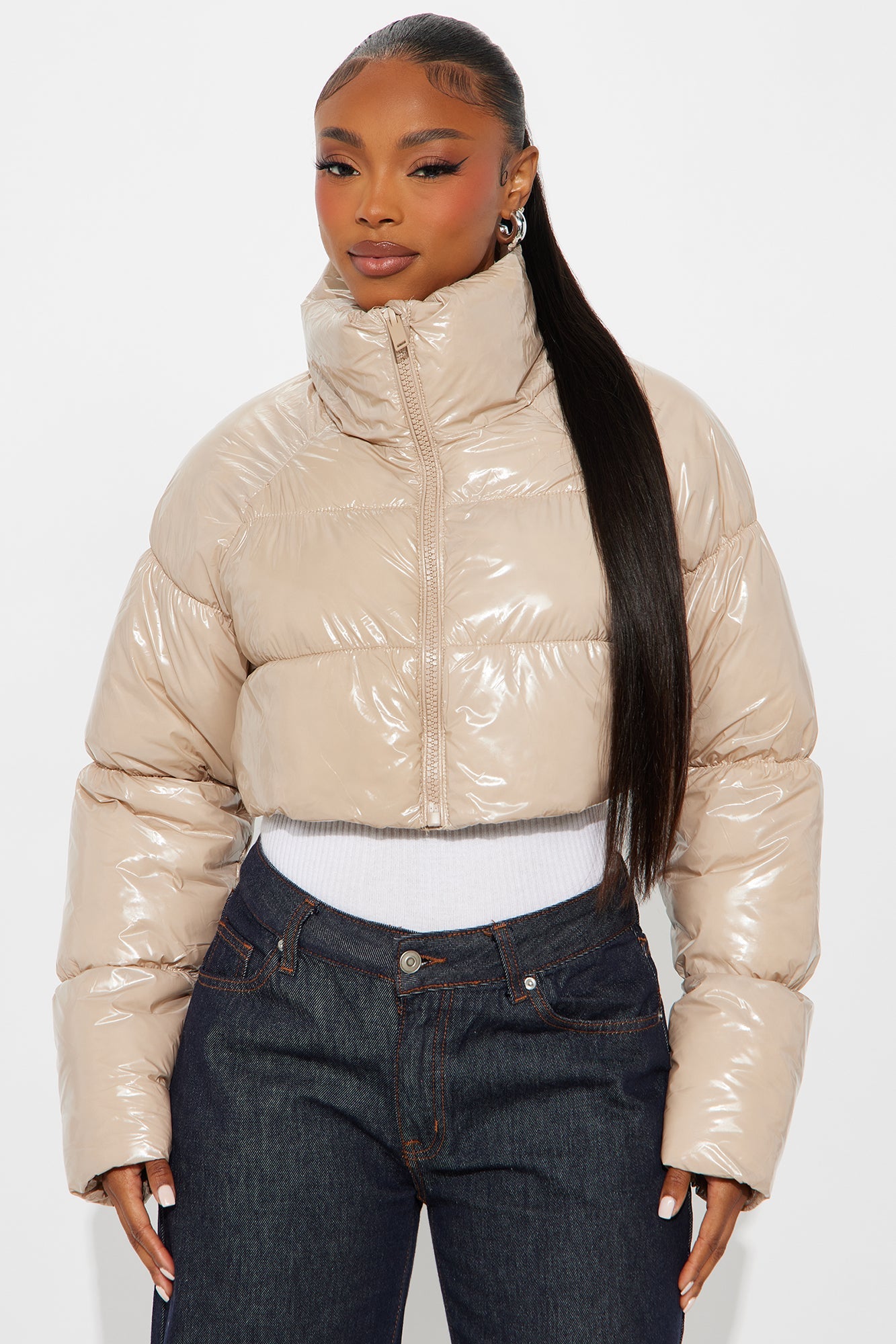 Zora Faux Patent Leather Cropped Puffer Jacket - Cream