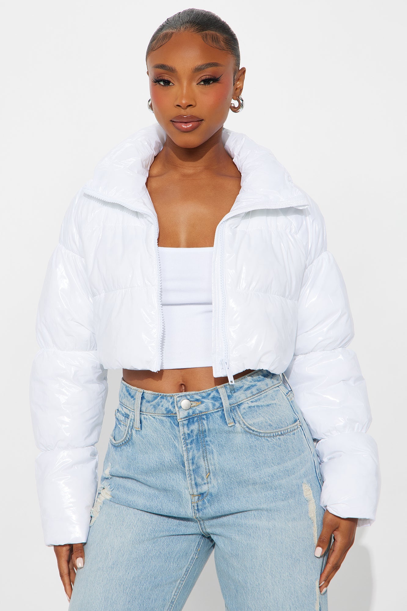 Zora Faux Patent Leather Cropped Puffer Jacket - White