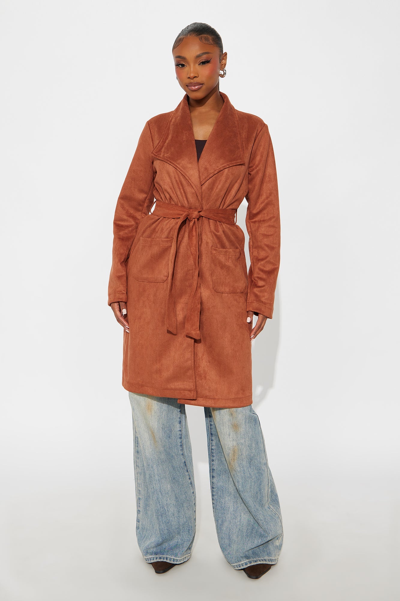 Gia Faux Suede Trench Coat - Cognac