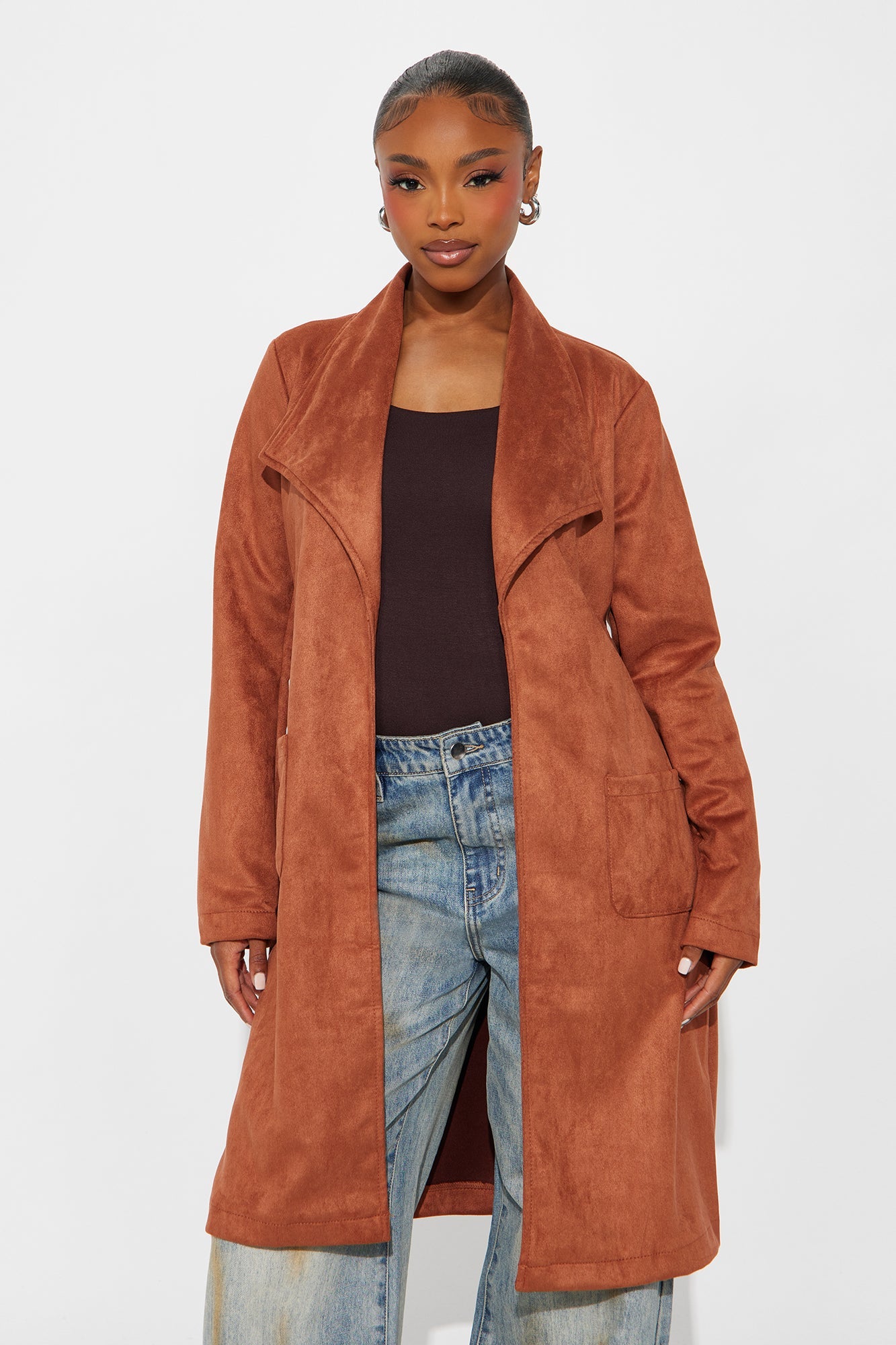 Gia Faux Suede Trench Coat - Cognac