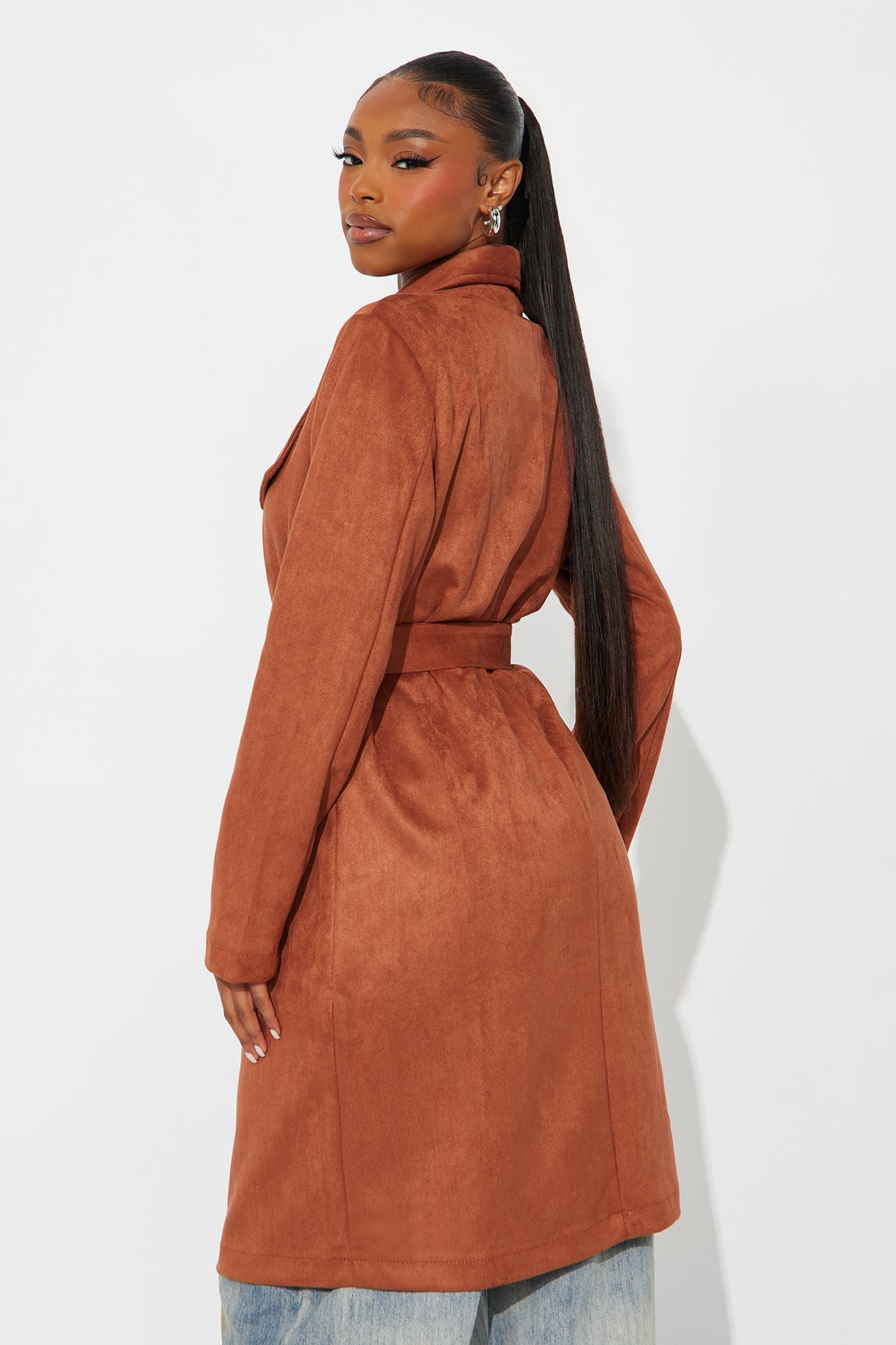 Gia Faux Suede Trench Coat - Cognac