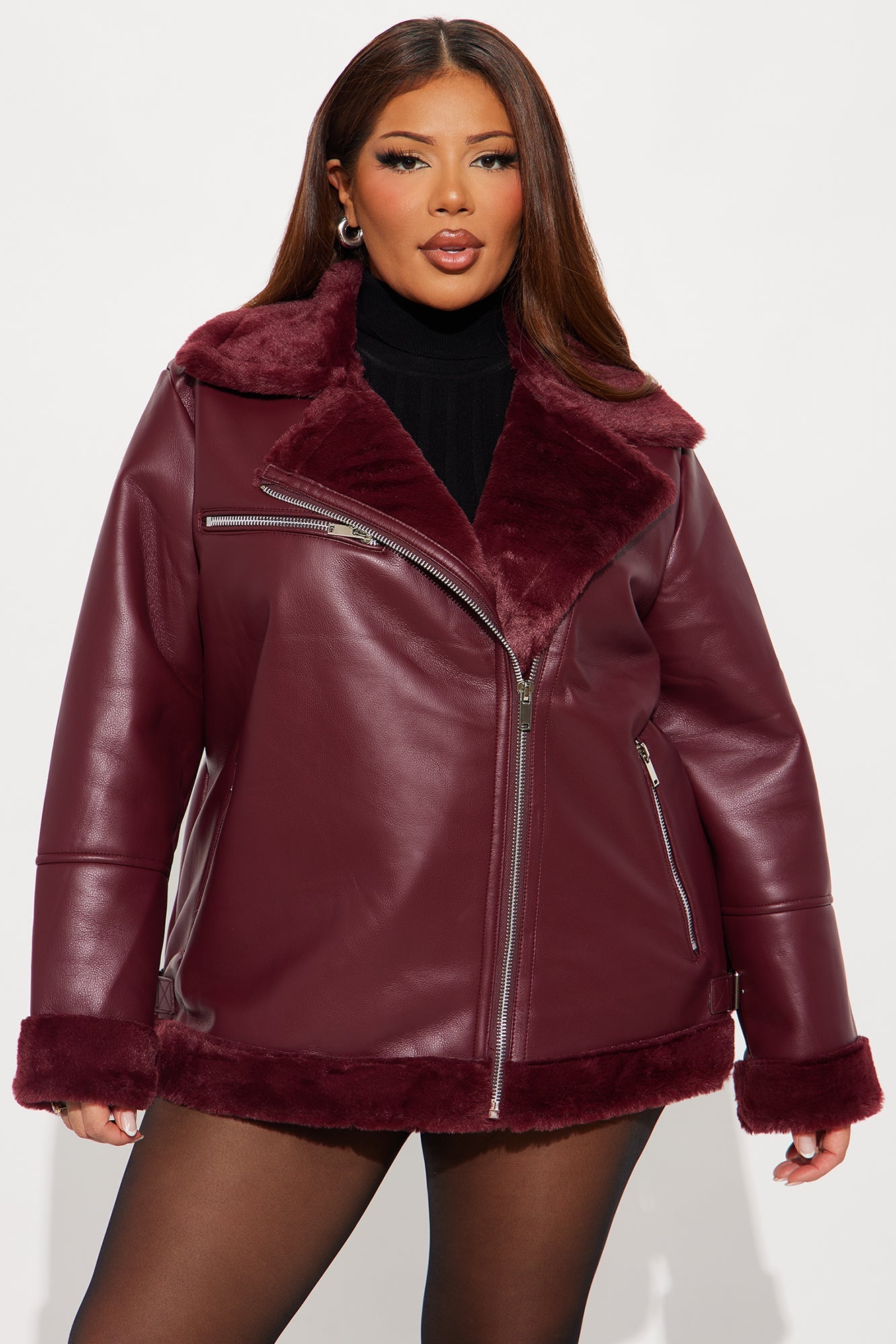 Chic Bad Ass Faux Leather Jacket - Burgundy