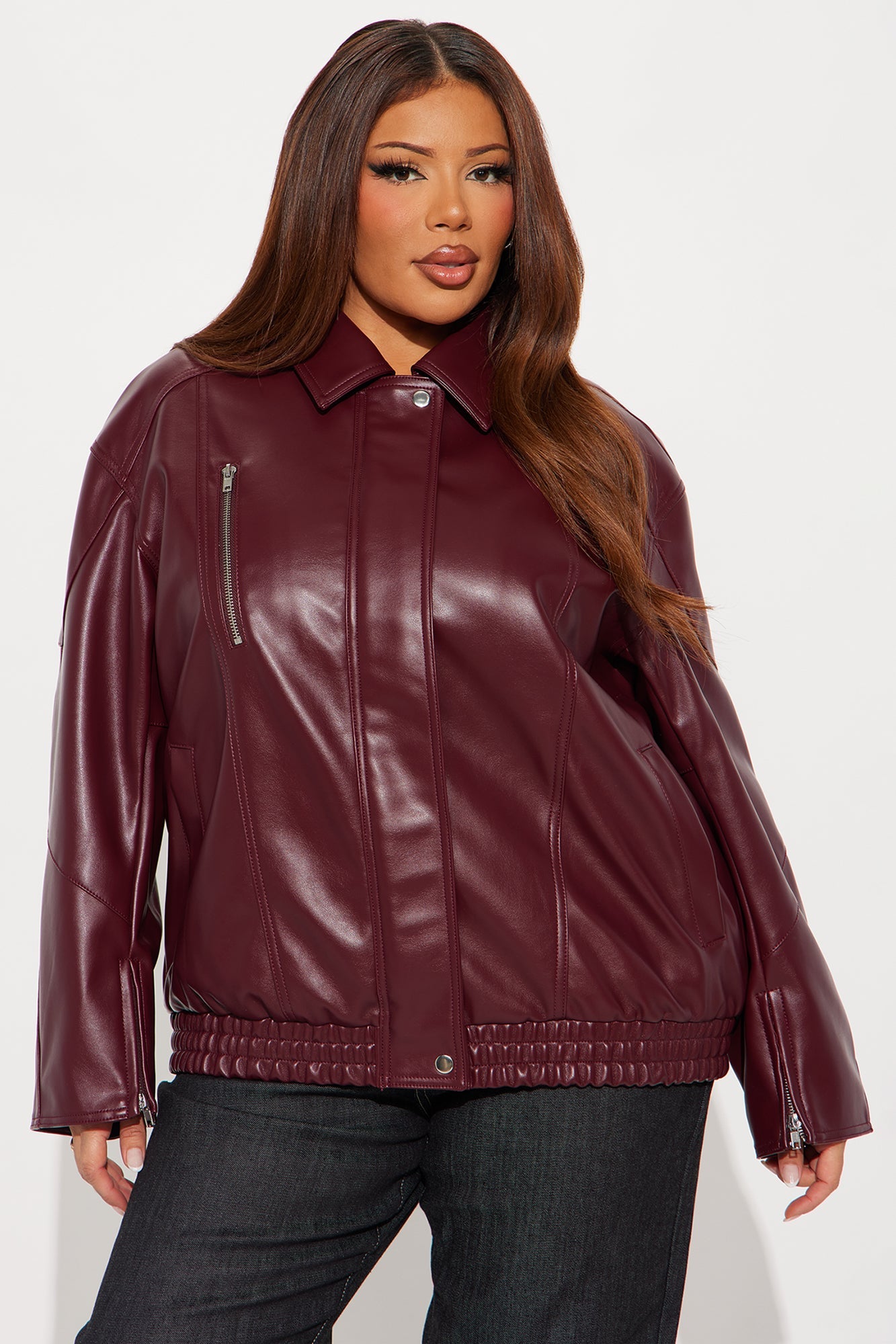 More To Come Faux Leather Bomber Jacket - Burgundy