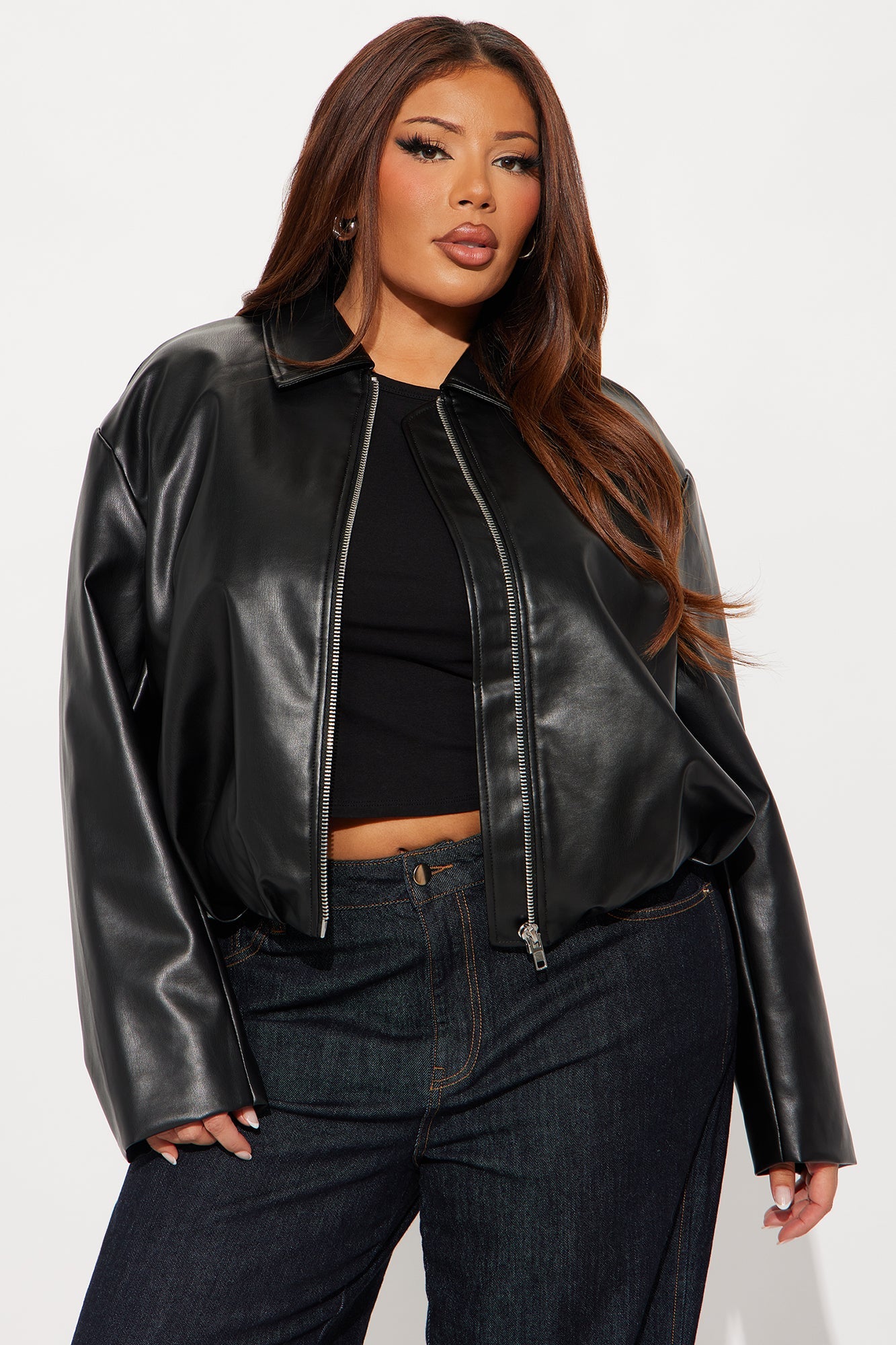Iman It Girl Faux Leather Bomber Jacket - Black