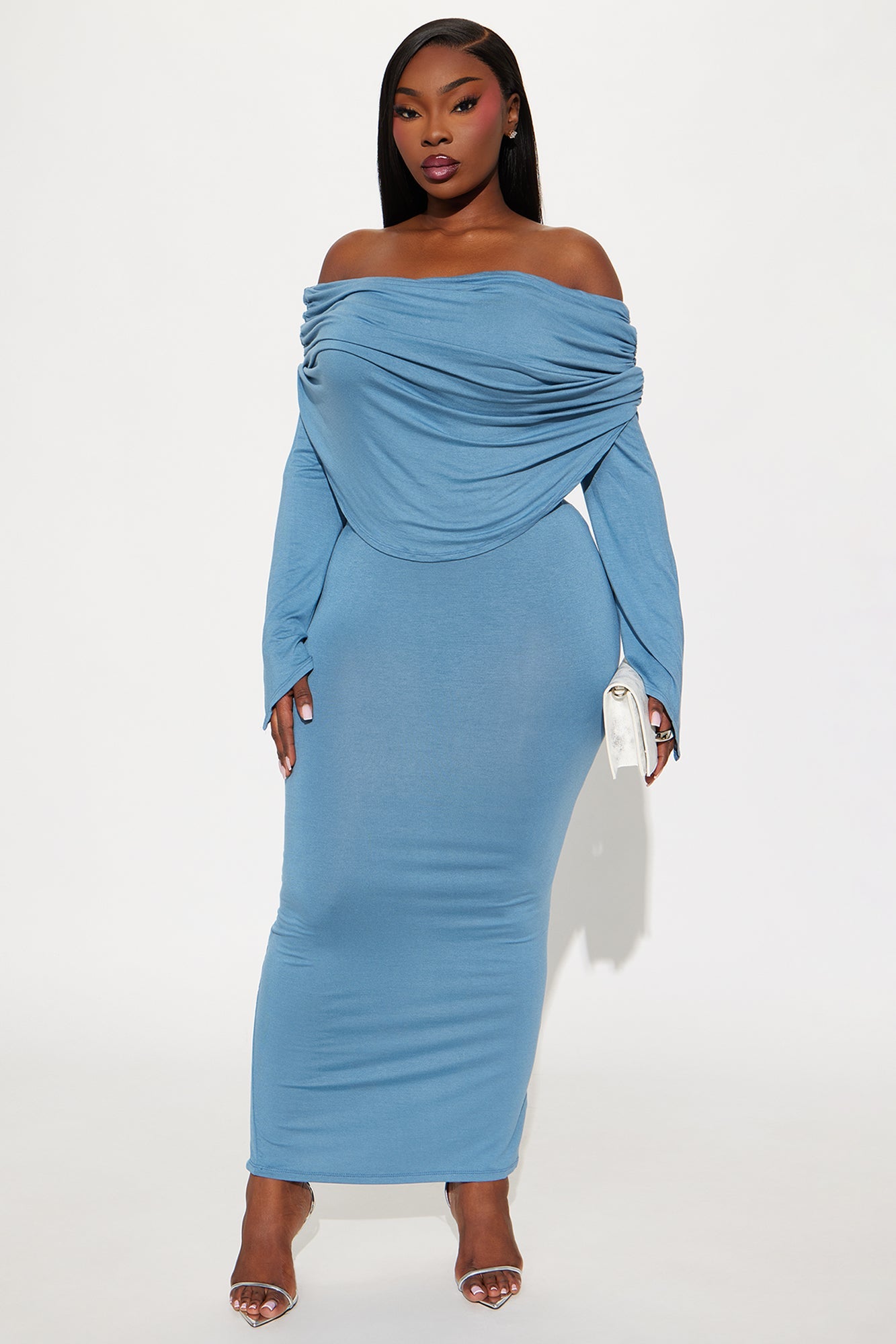 Draped In Love Off Shoulder Maxi Skirt Set - Denim