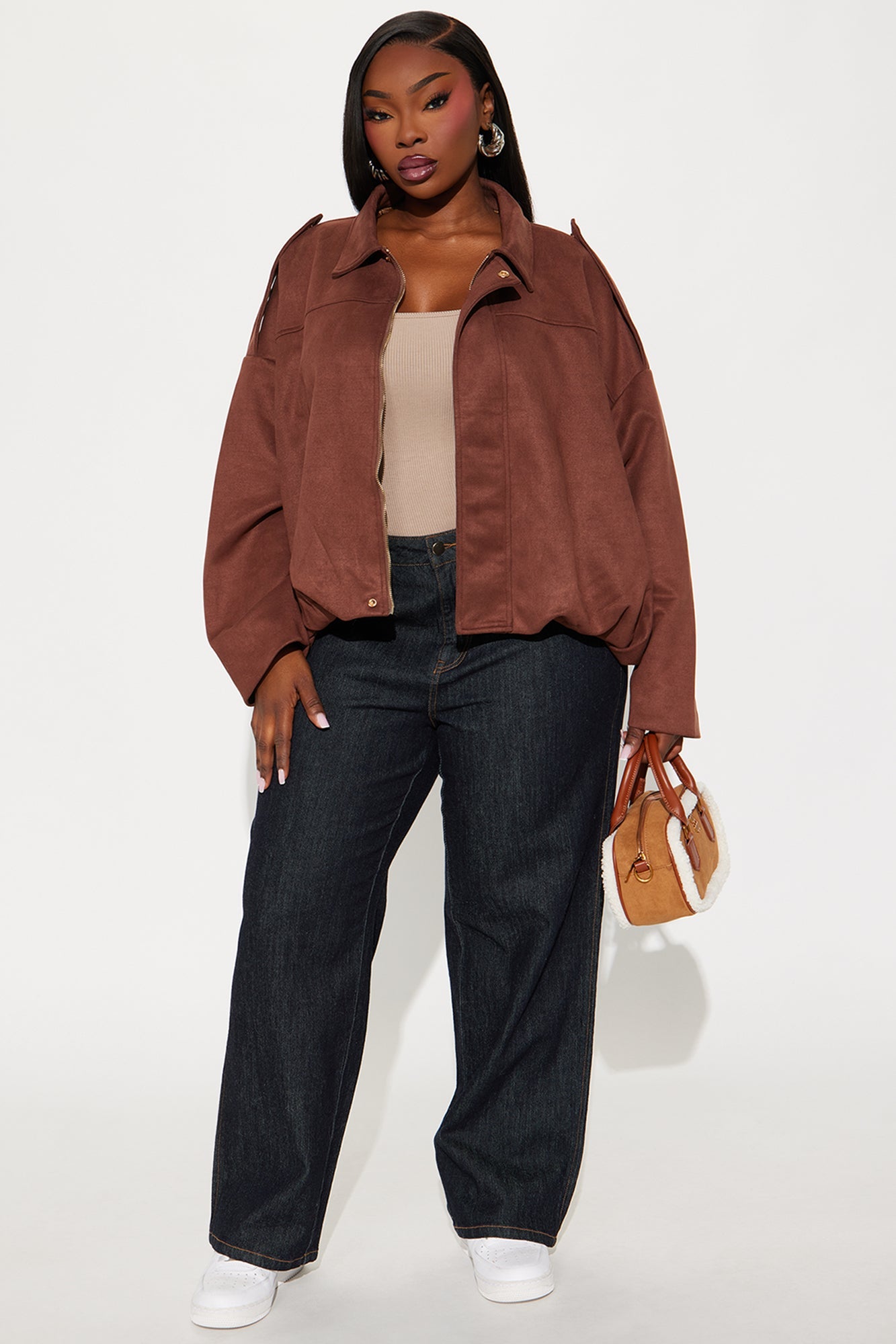 Harlowe Oversized Faux Suede Jacket - Brown