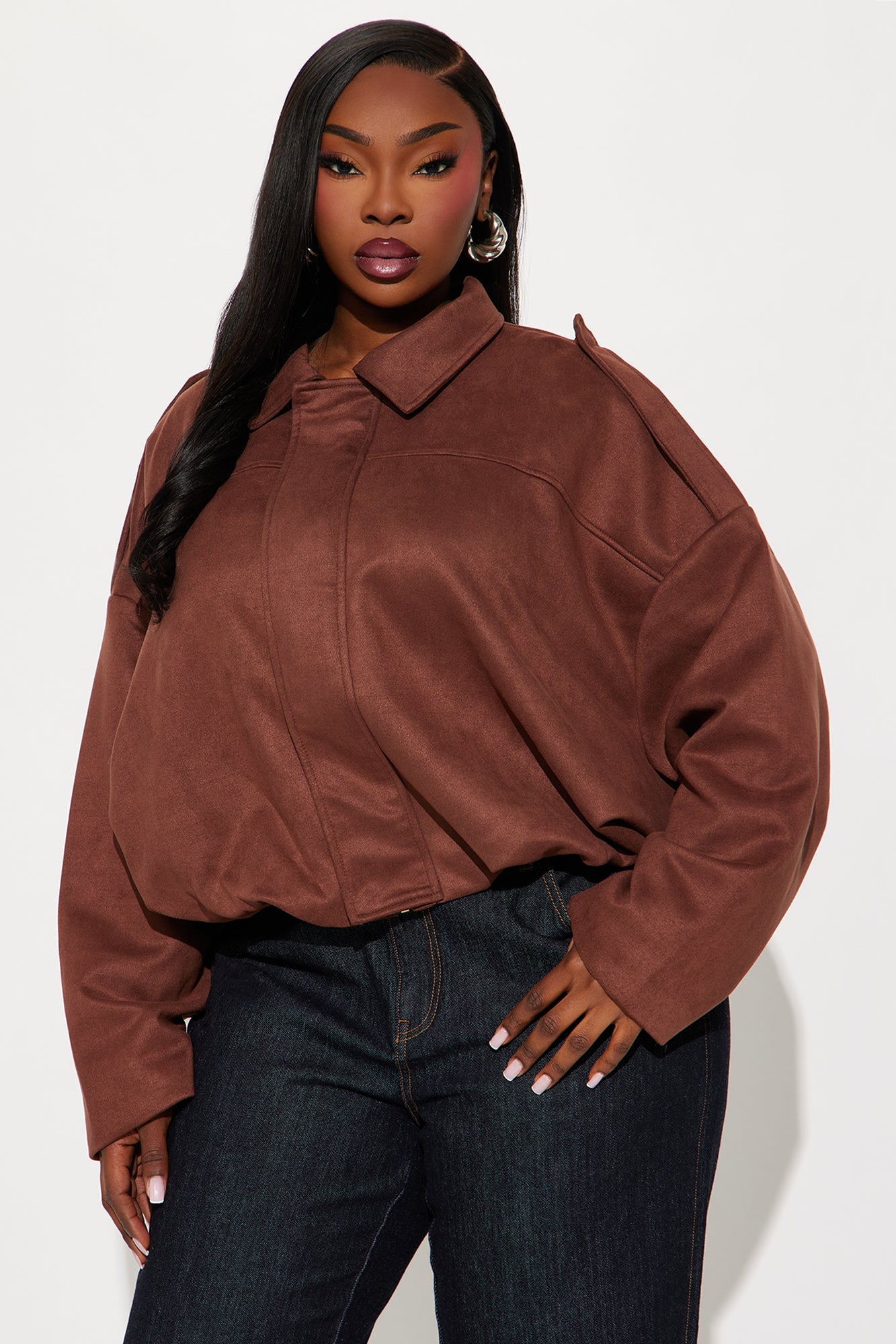 Harlowe Oversized Faux Suede Jacket - Brown