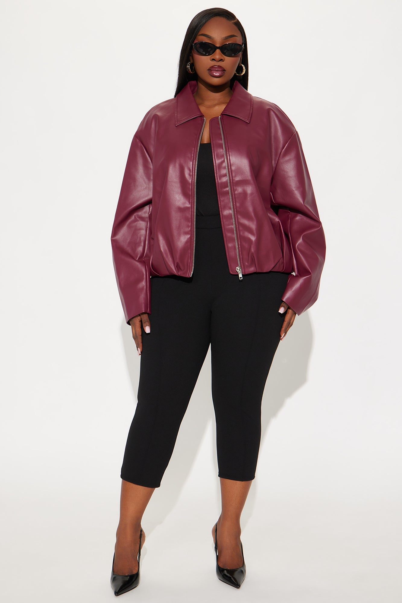 Iman It Girl Faux Leather Bomber Jacket - Burgundy