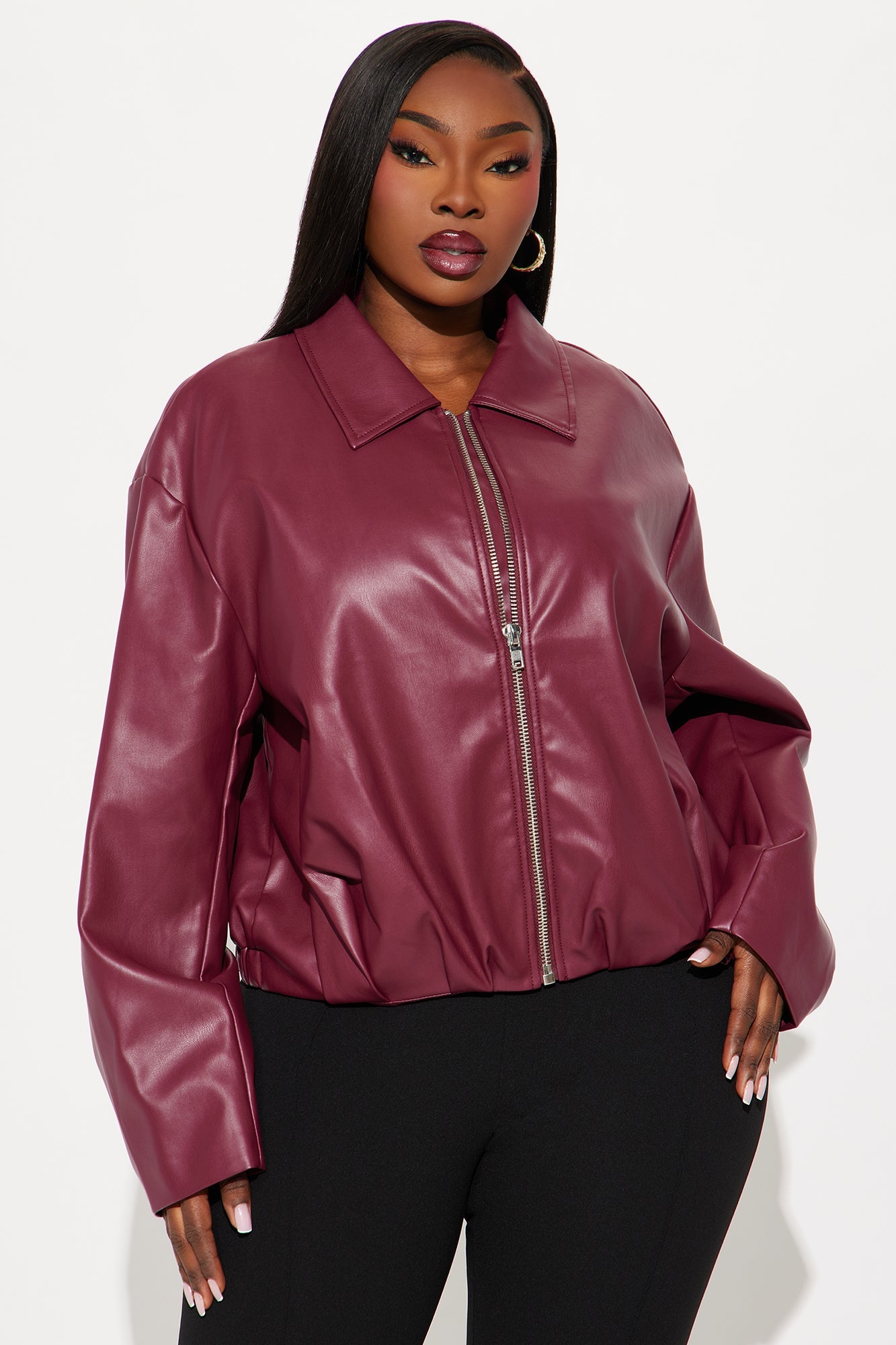 Iman It Girl Faux Leather Bomber Jacket - Burgundy