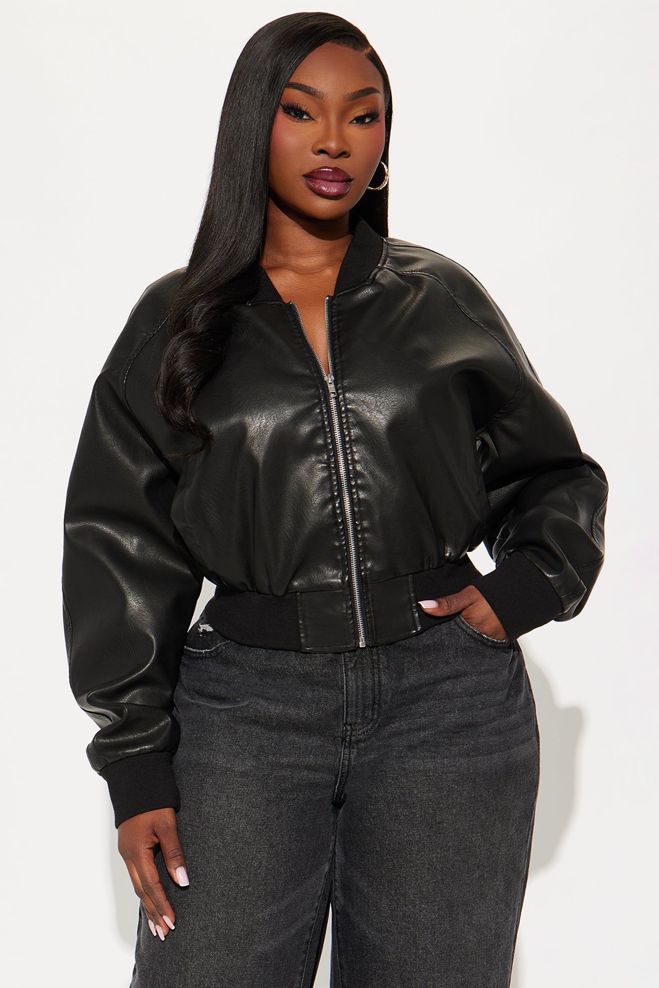 Reese Cropped Faux Leather Bomber Jacket - Black
