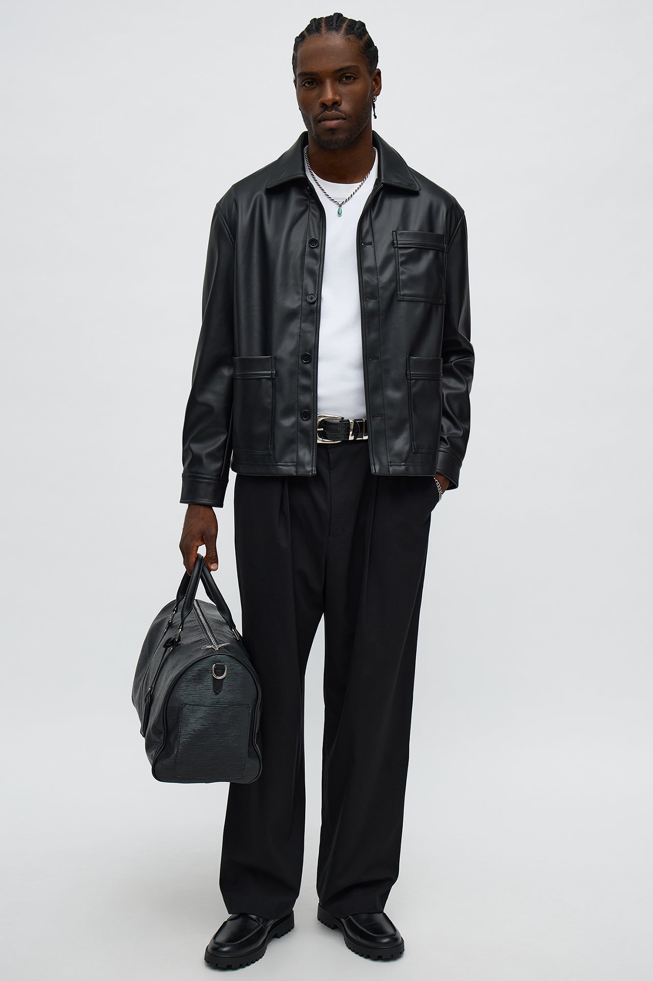 Relaxed Faux Leather Chore Jacket - Black