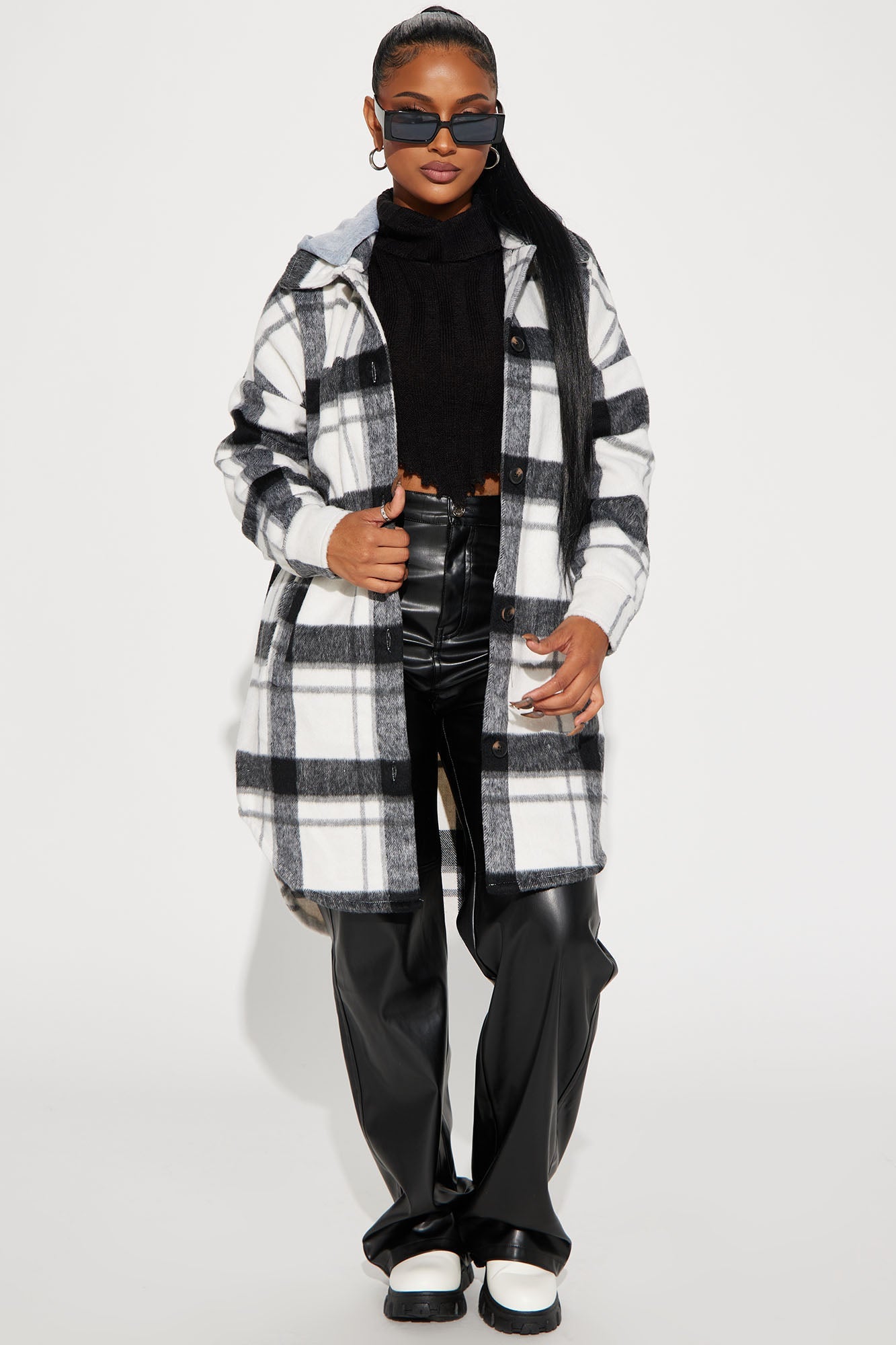 Veronica Hooded Plaid Shacket - Black/White