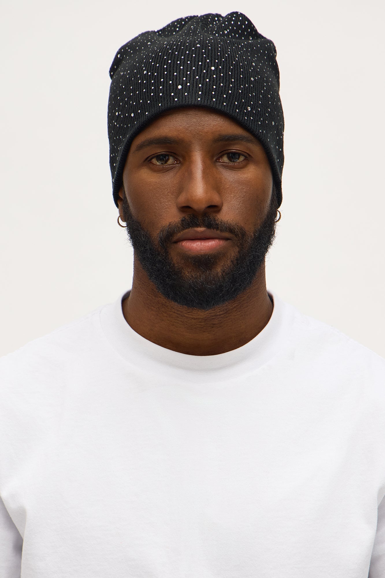 Rhinestone Skull Fit Knit Beanie - Black