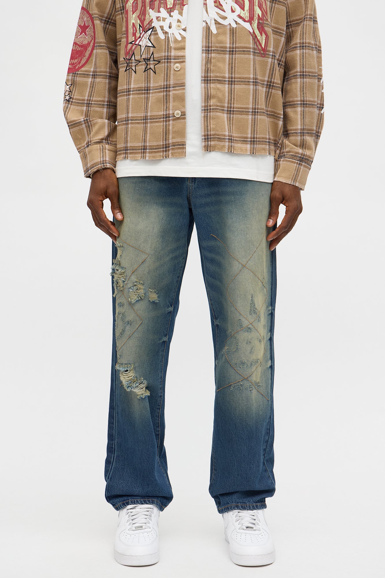 Straight With Stitches Distressed Jean - Vintage Blue Wash