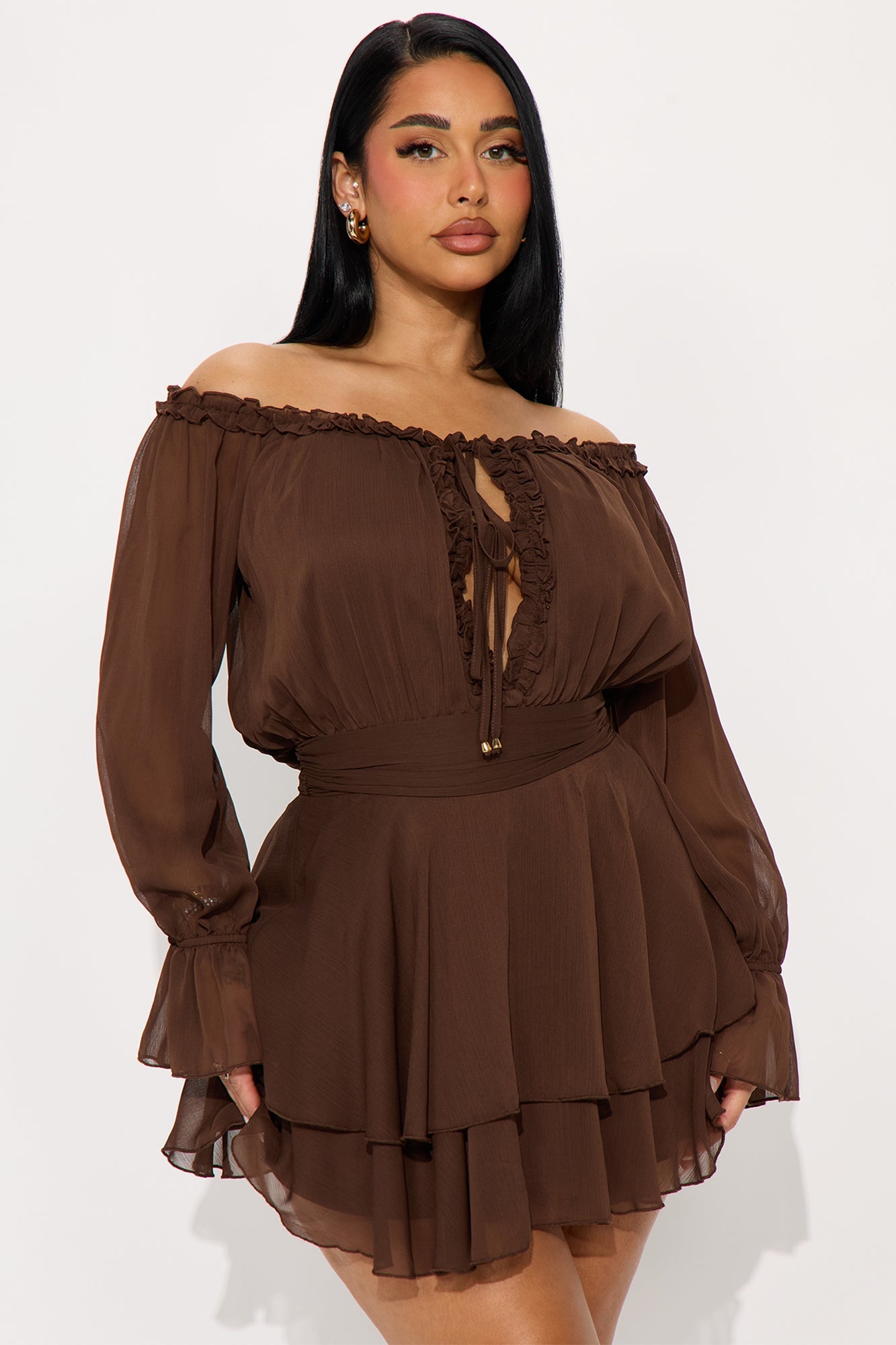 Laura Long Sleeve Chiffon Mini Dress - Chocolate