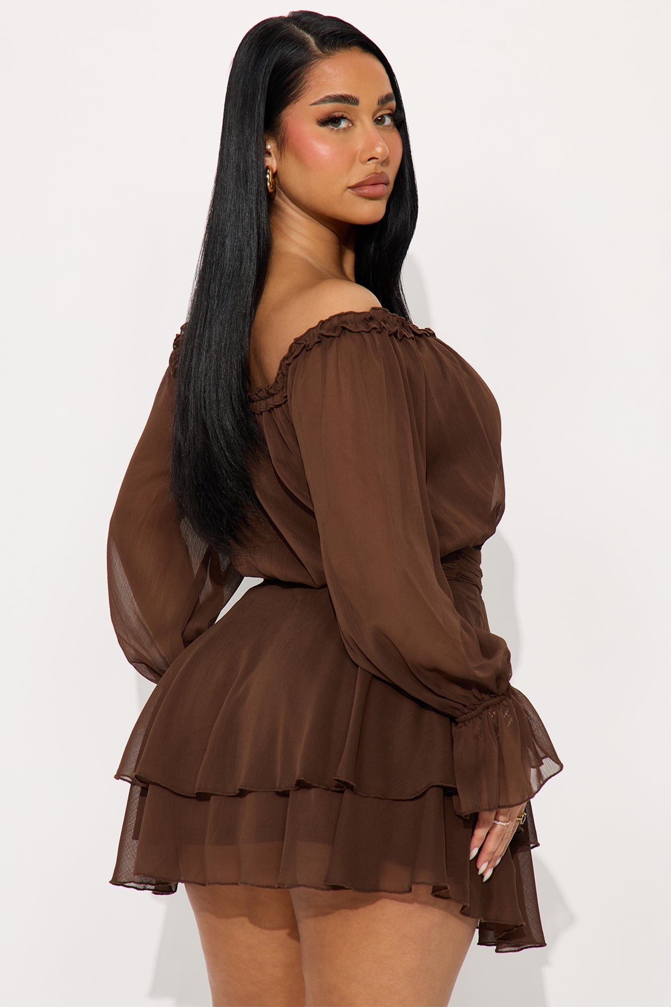 Laura Long Sleeve Chiffon Mini Dress - Chocolate