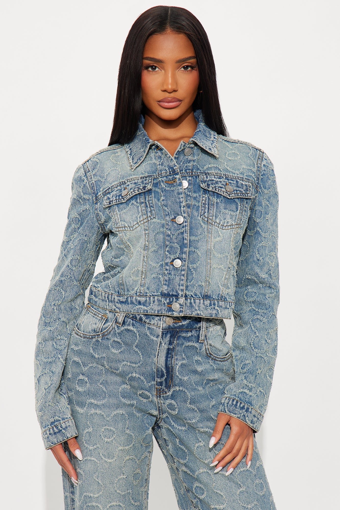 Flower Power Jacquard Denim Jacket - Medium Wash