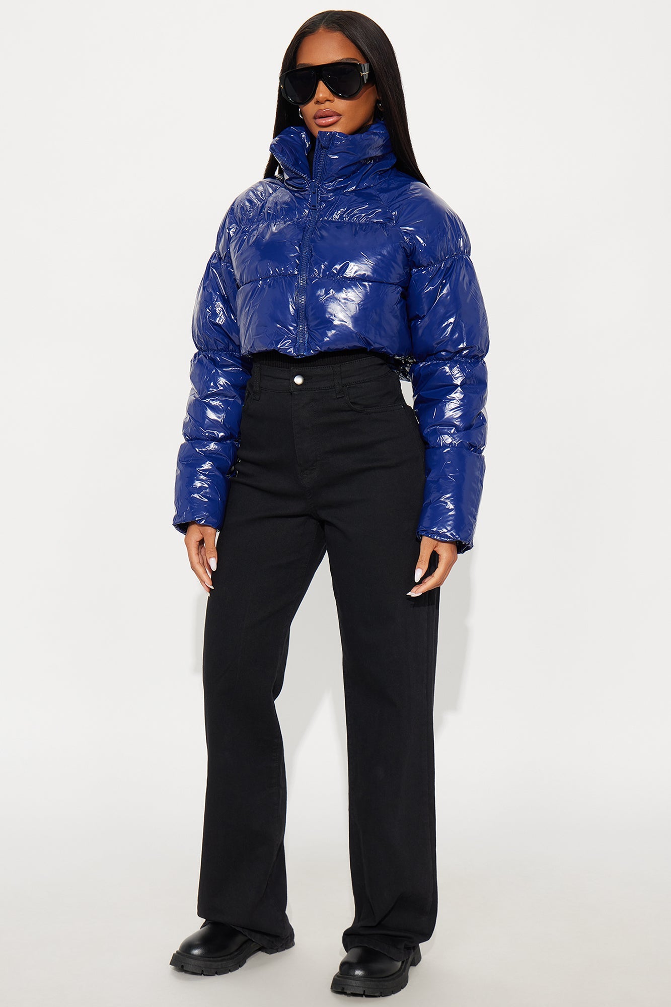 Zora Faux Patent Leather Cropped Puffer Jacket - Navy