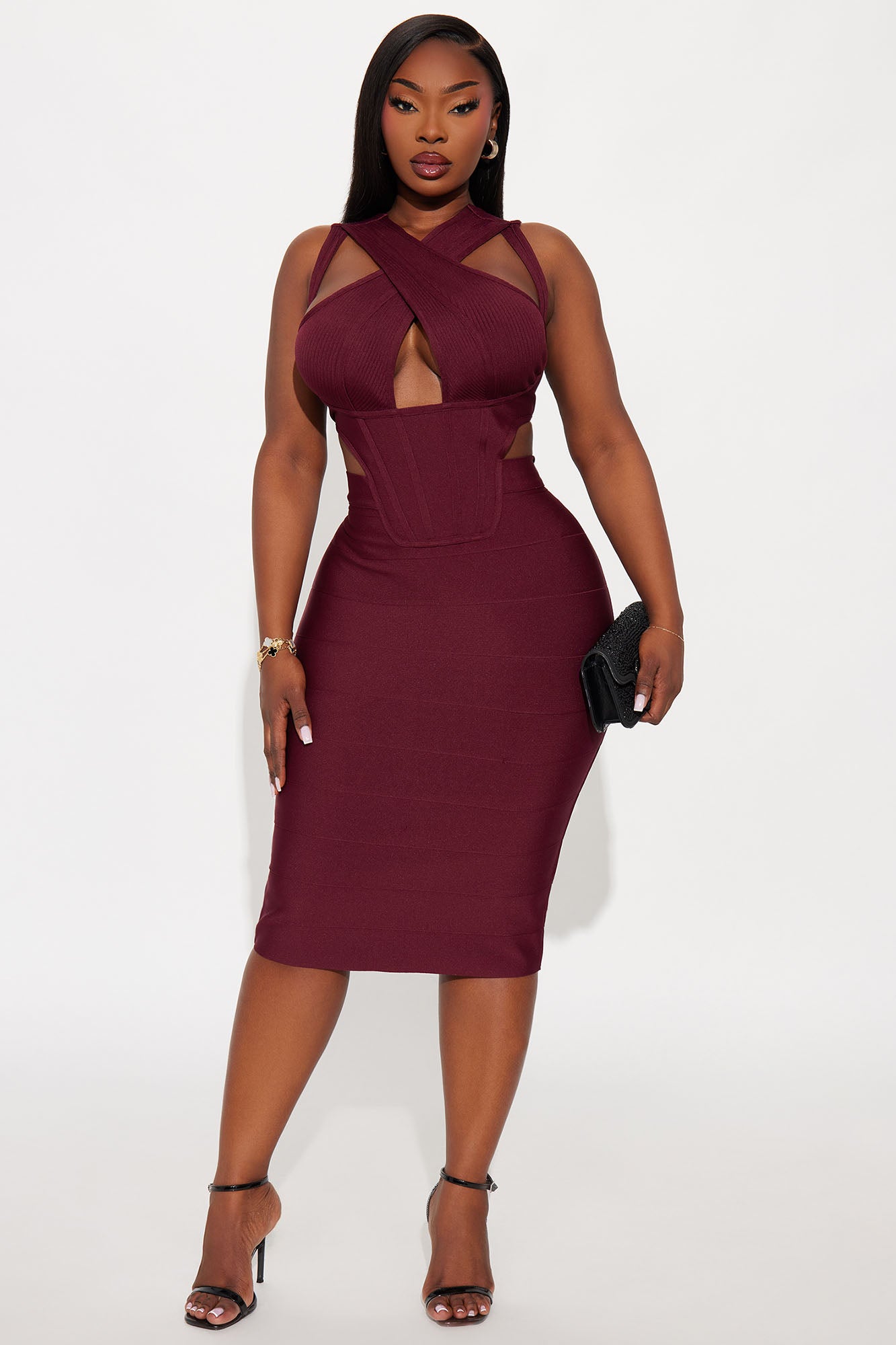 Center Of Attention Cut Out Bandage Midi Dress - Burgundy
