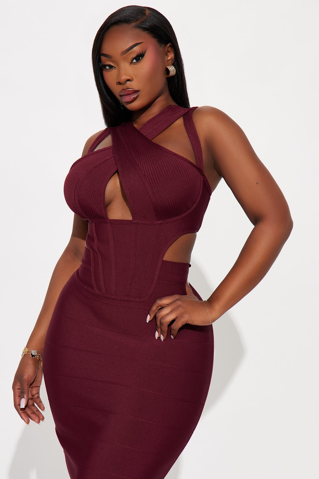 Center Of Attention Cut Out Bandage Midi Dress - Burgundy