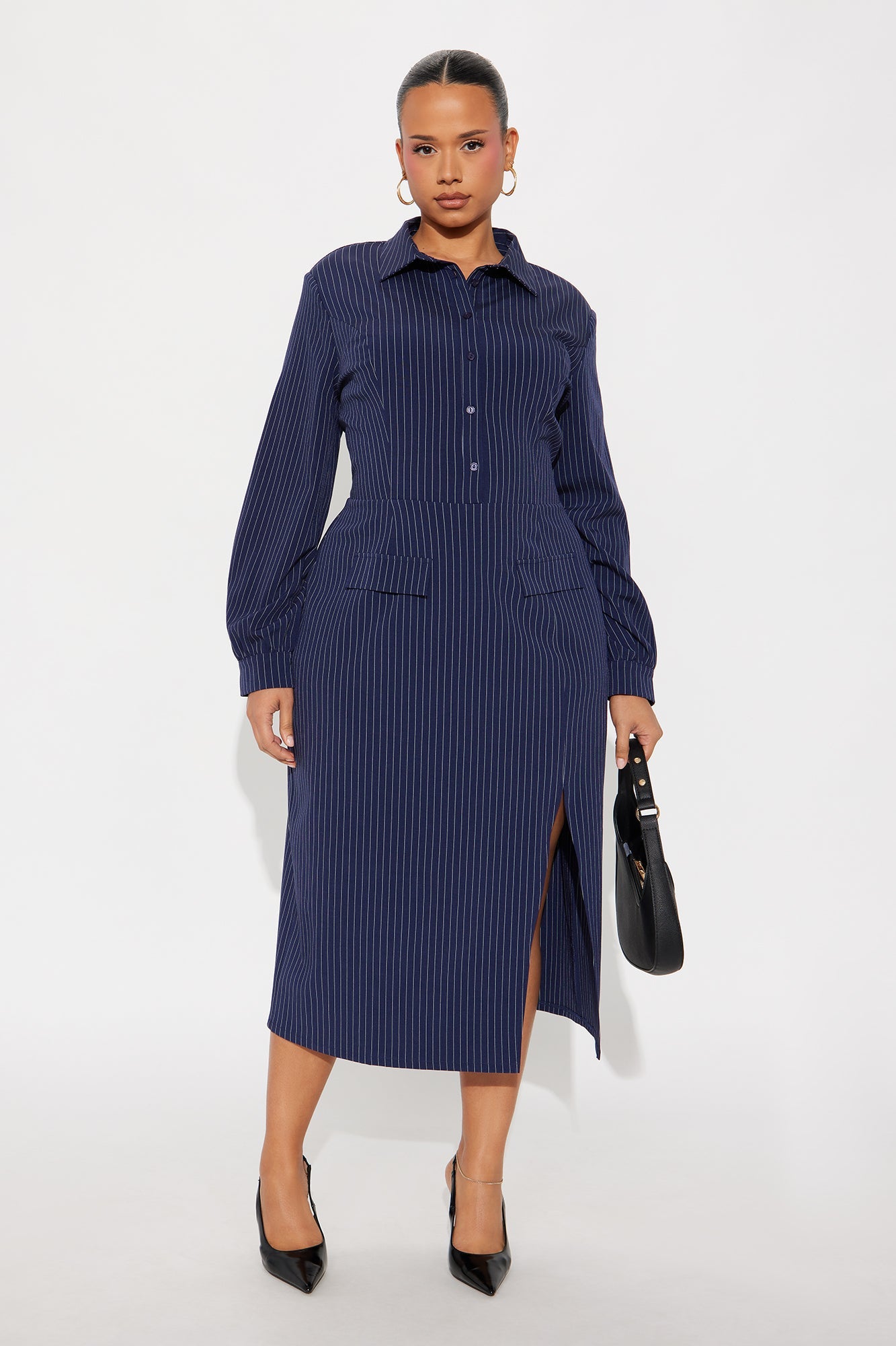 Taya Collar Pinstripe Shirt Midi Dress - Navy/combo