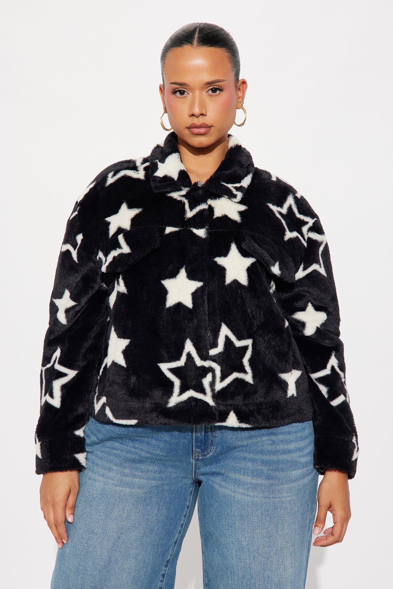 Stars Align Faux Fur Jacket - Black/combo