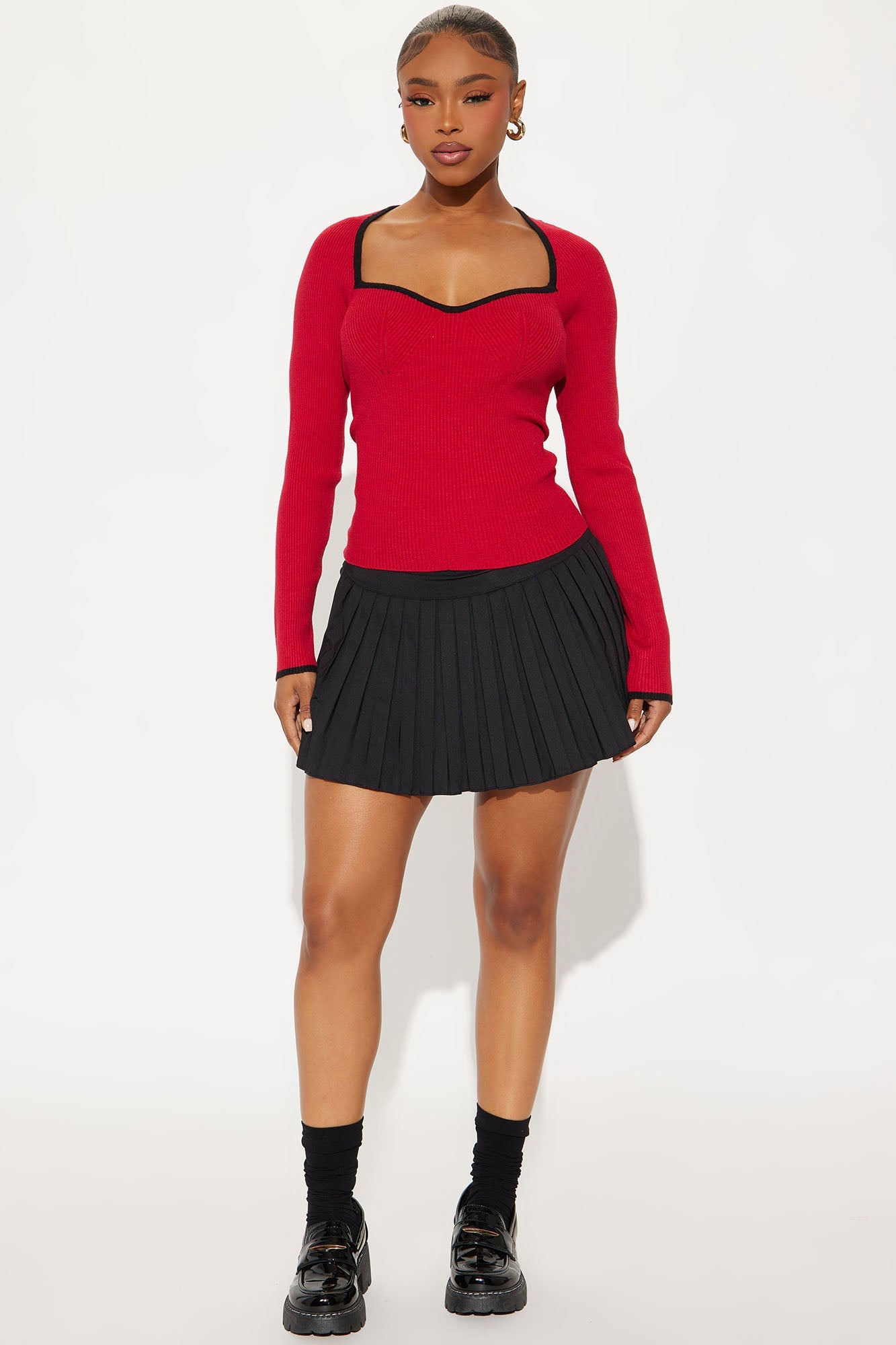 Cozy Inside Contrast Sweater Top - Red/Black
