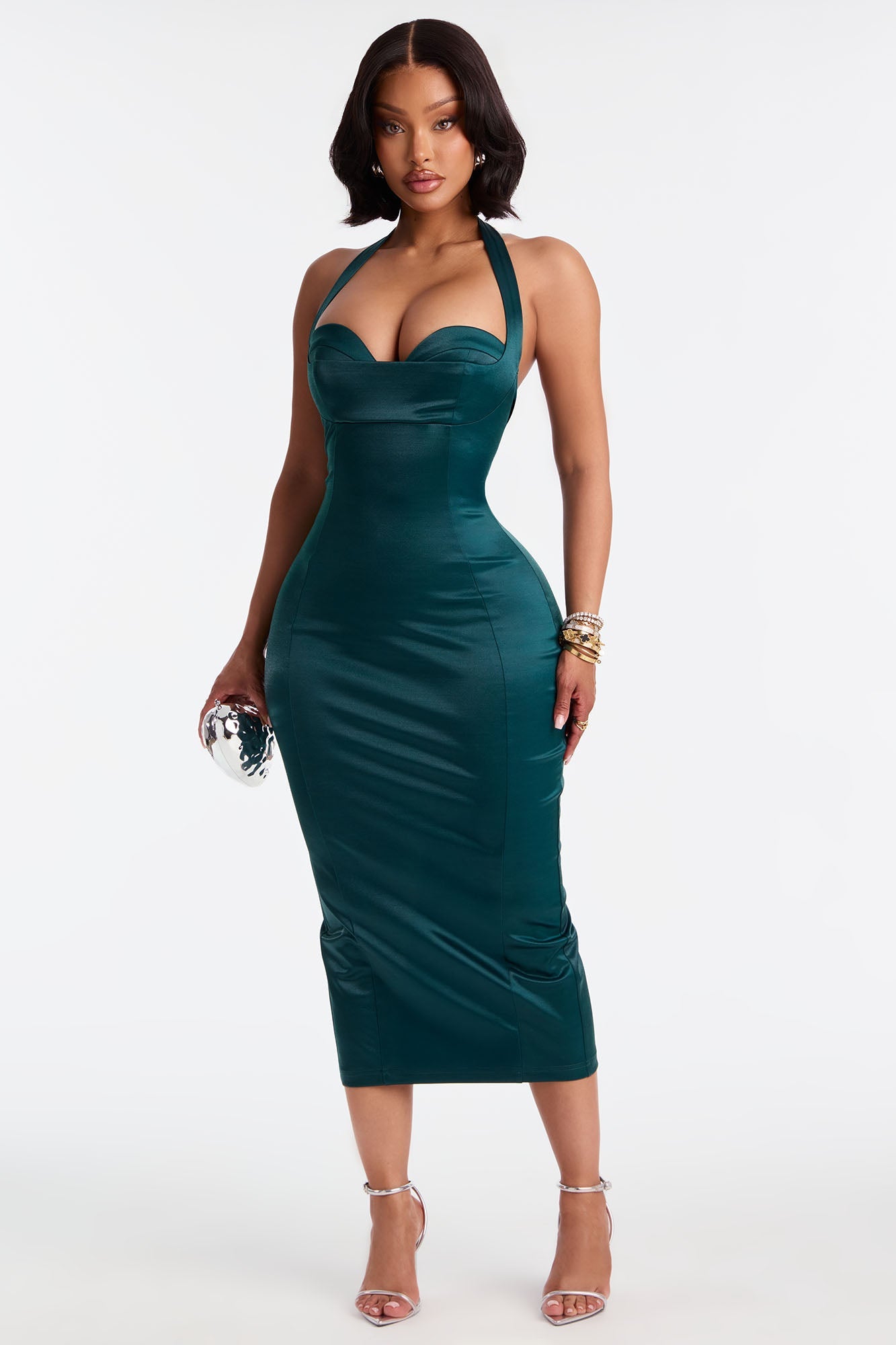 Tyra Halter Satin Midi Dress - Hunter Green