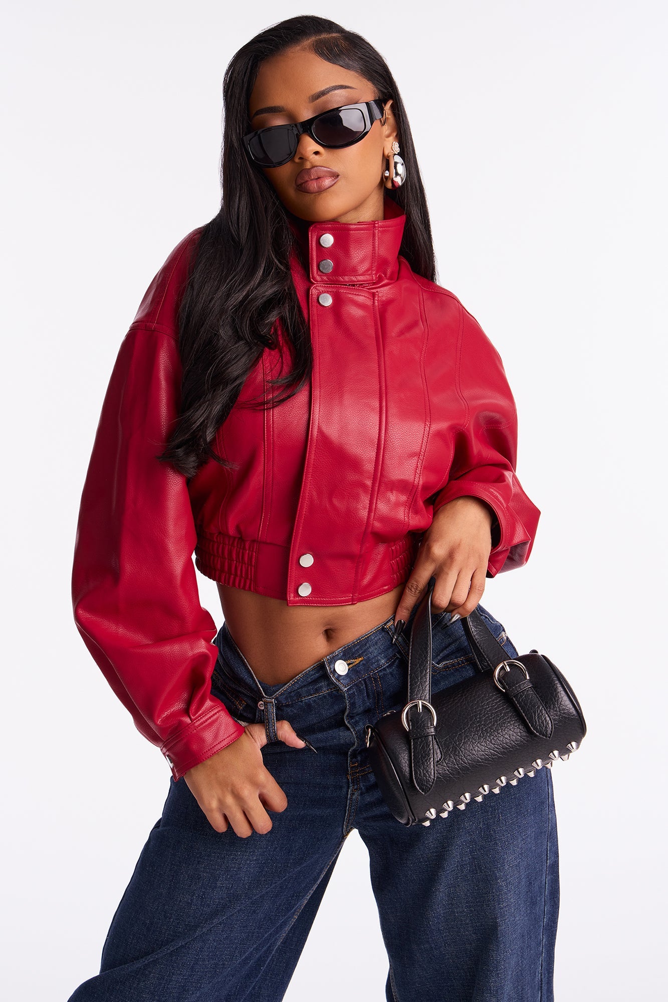 Show Stopper Cropped Faux Leather Bomber Jacket - DarkRed
