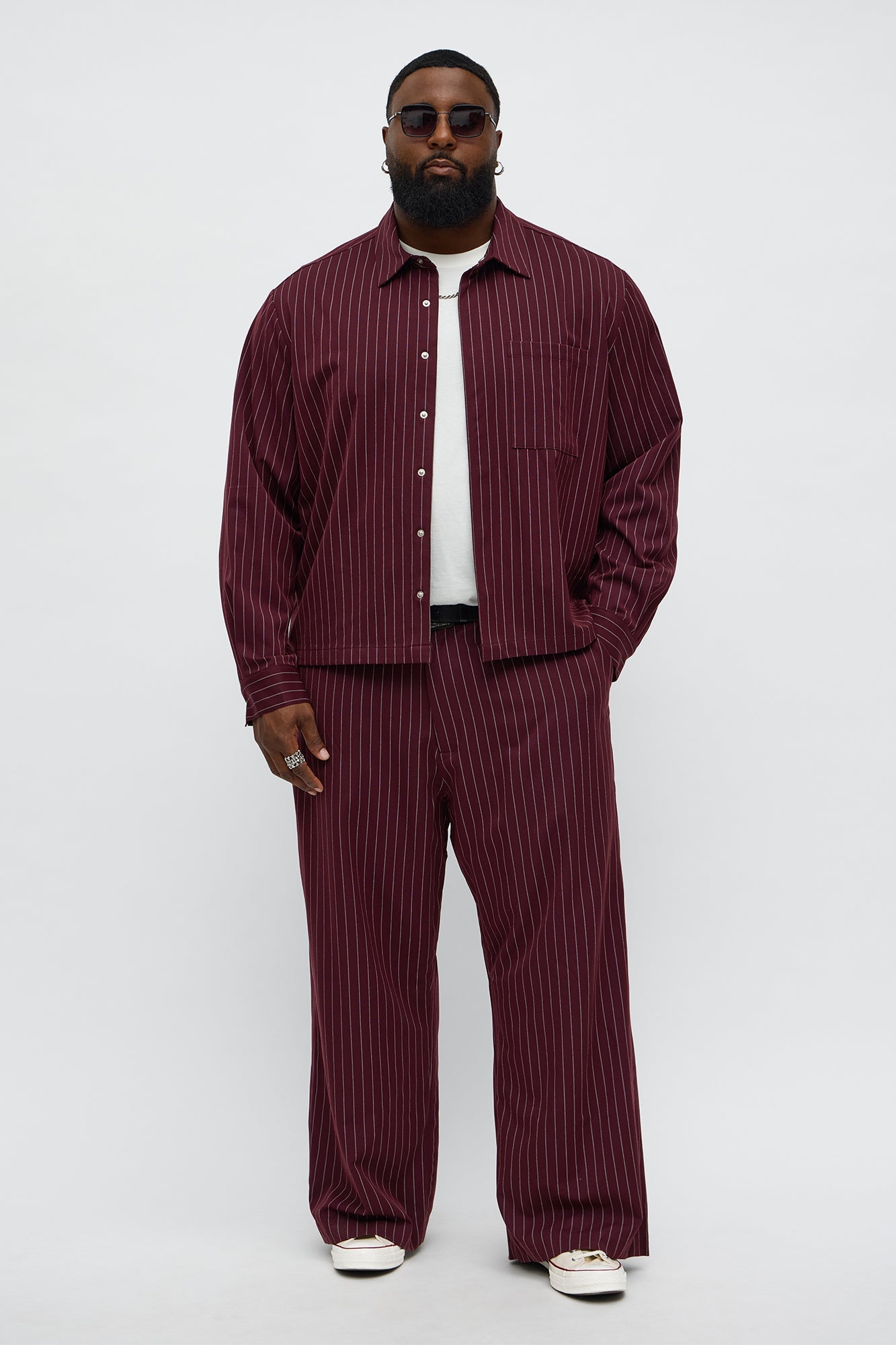 Wide Leg Straight Striped Trouser - Burgundy