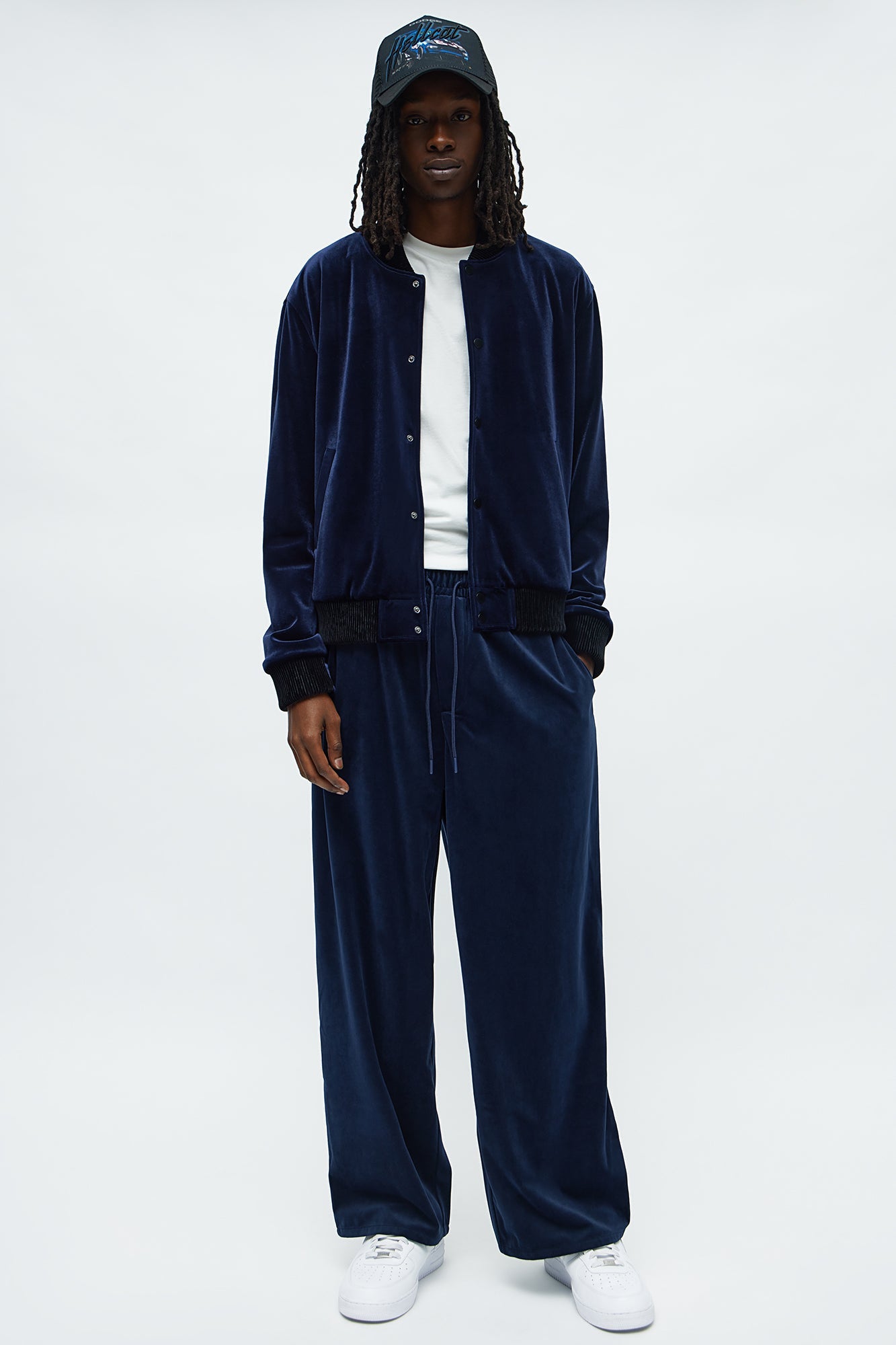 Elevated Velvet Bomber Jacket - Navy