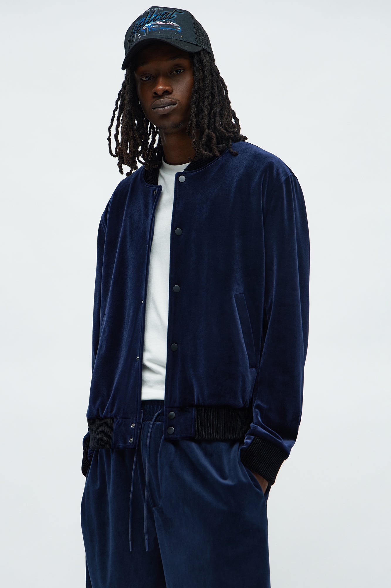 Elevated Velvet Bomber Jacket - Navy