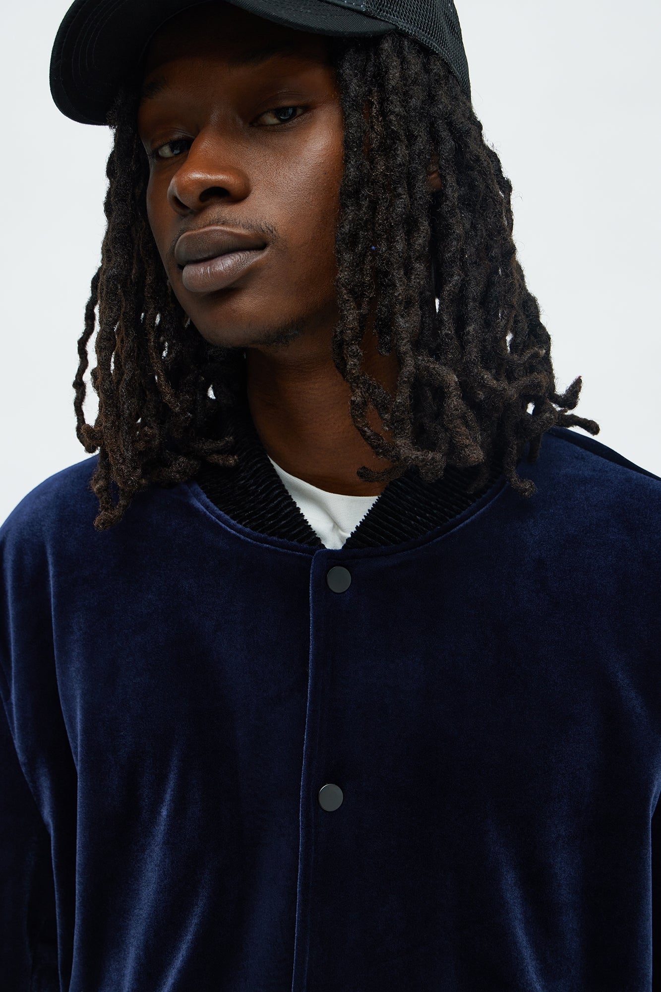 Elevated Velvet Bomber Jacket - Navy
