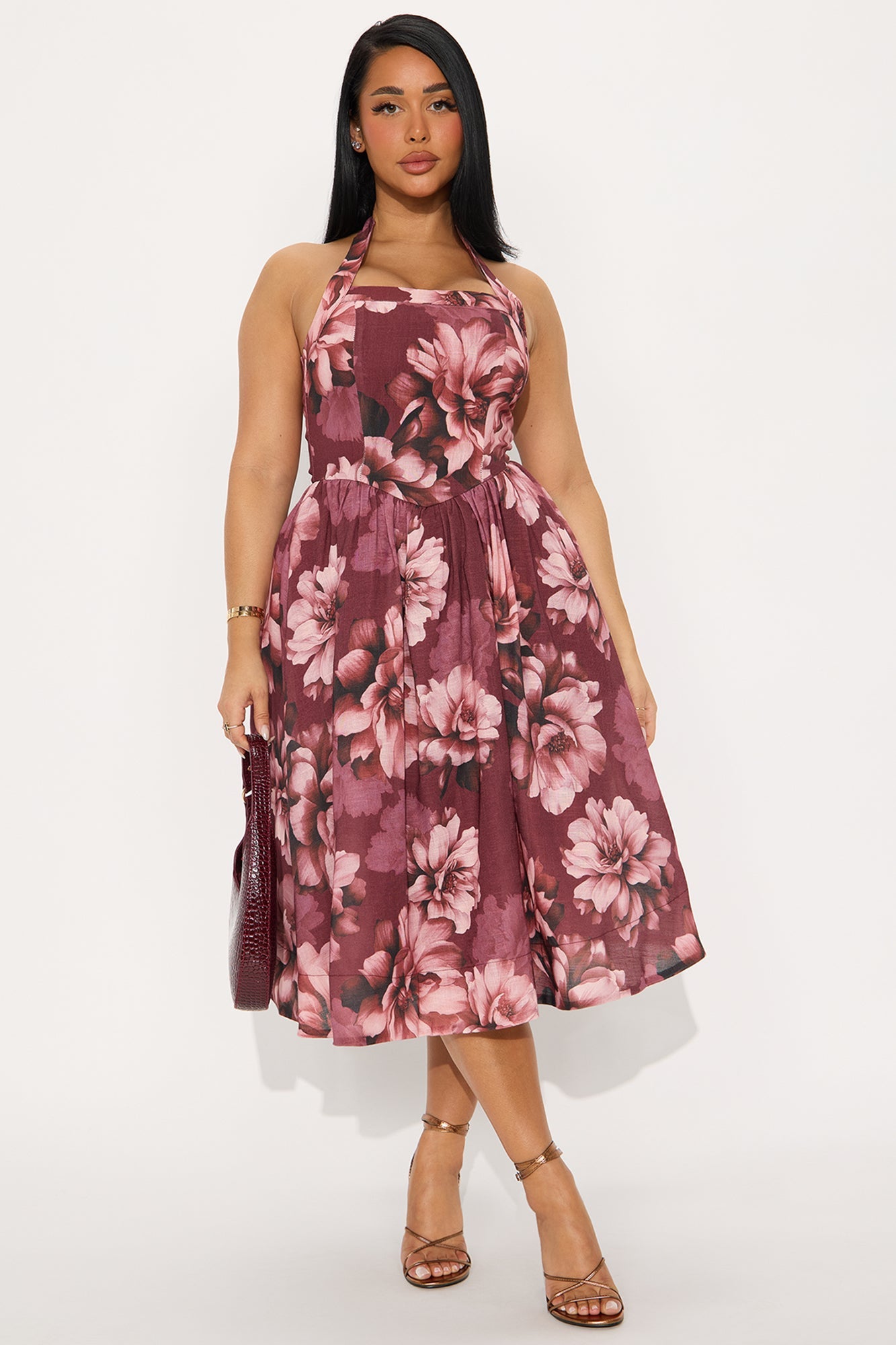 High Society Floral Linen Midi Dress - Burgundy
