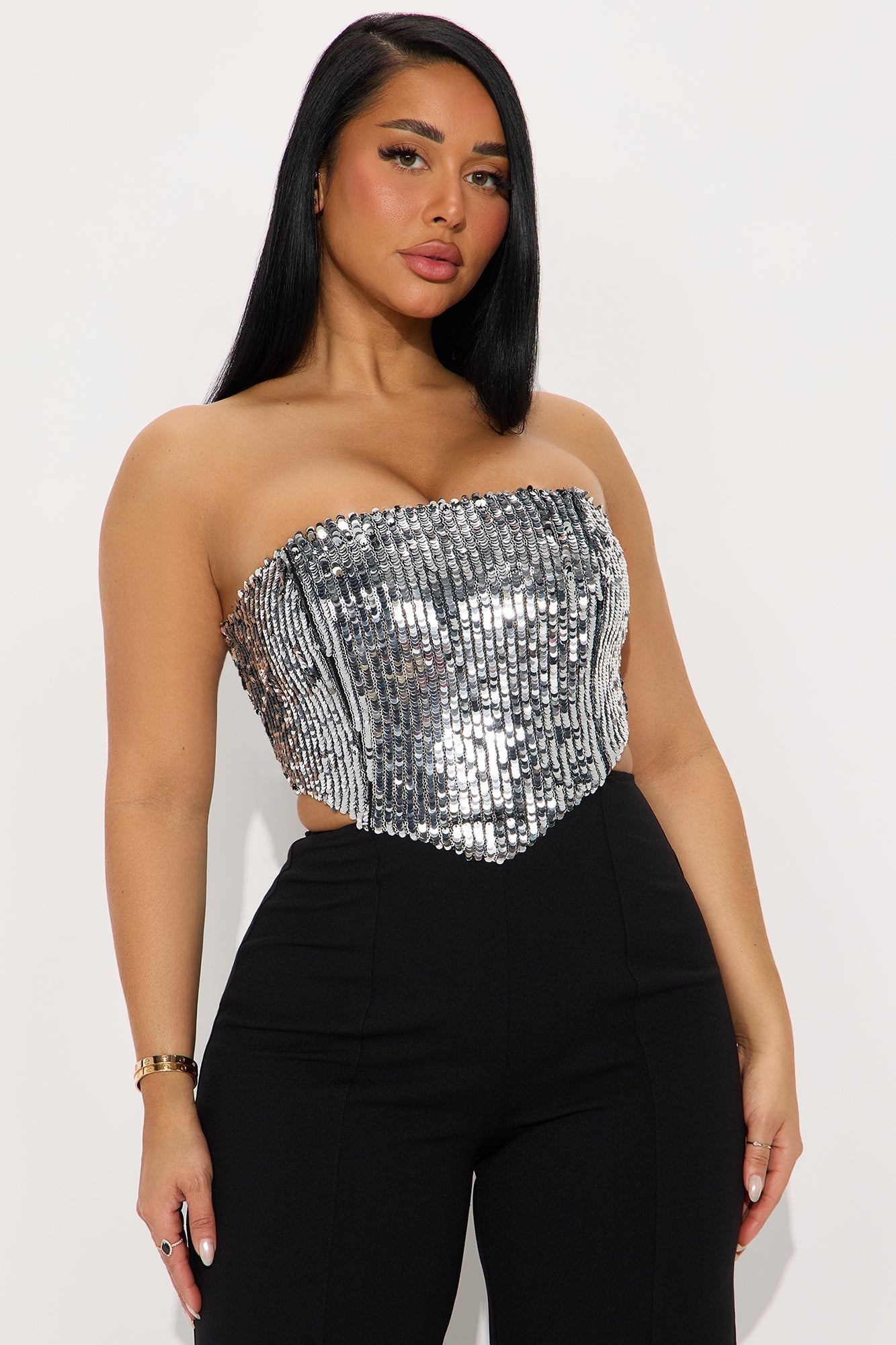 Cierra Sequin Strapless Jumpsuit - Silver