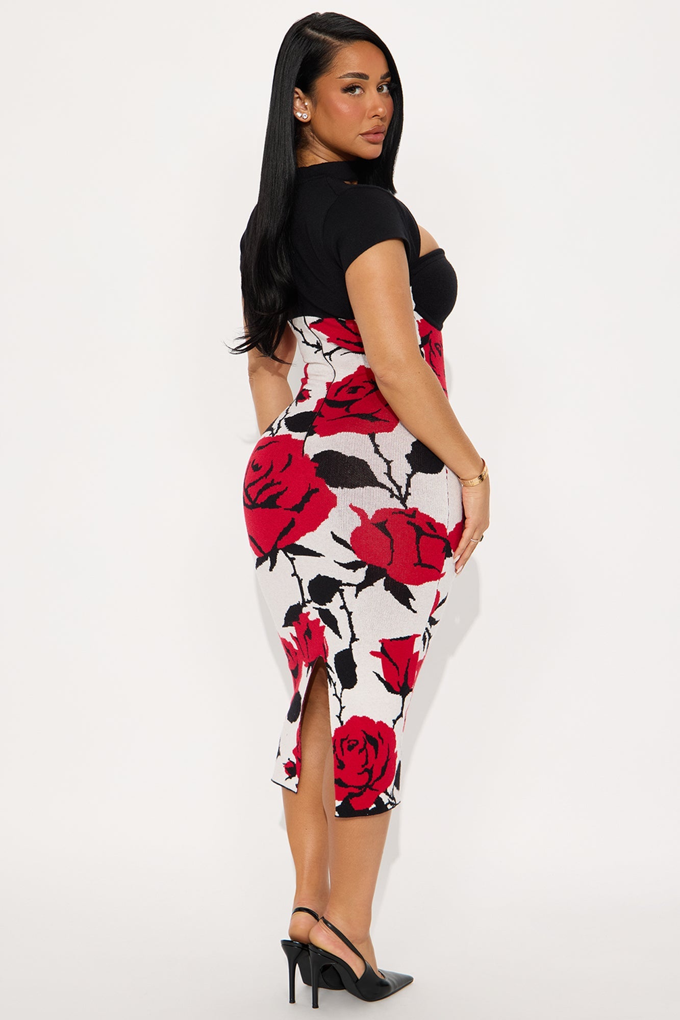 Bronte Floral Sweater Midi Dress - Red/combo