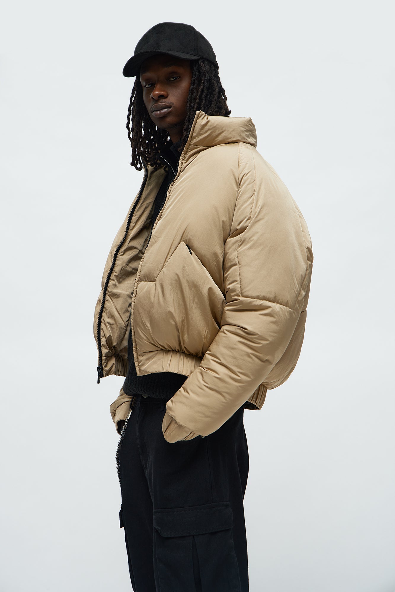 Cropped Look At Me Paneled Puffer Jacket - Tan