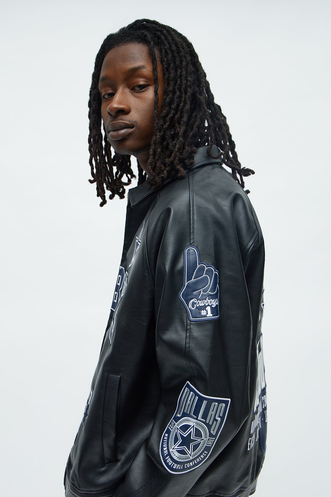 Cowboys Marquee Star Faux Patent Leather Long Sleeve Varsity Jacket - Navy