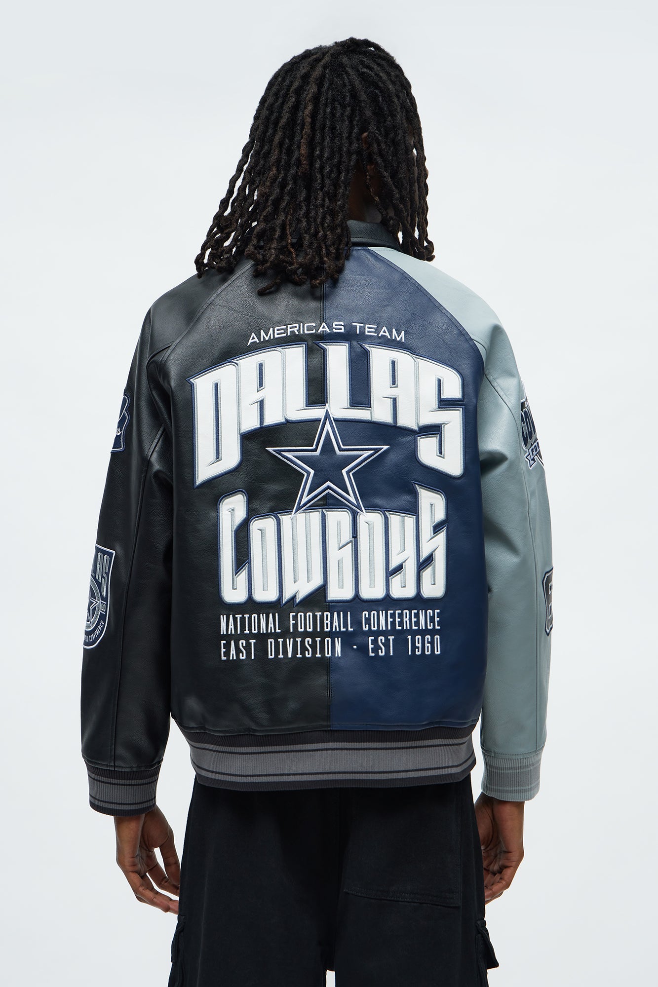 Cowboys Marquee Star Faux Patent Leather Long Sleeve Varsity Jacket - Navy
