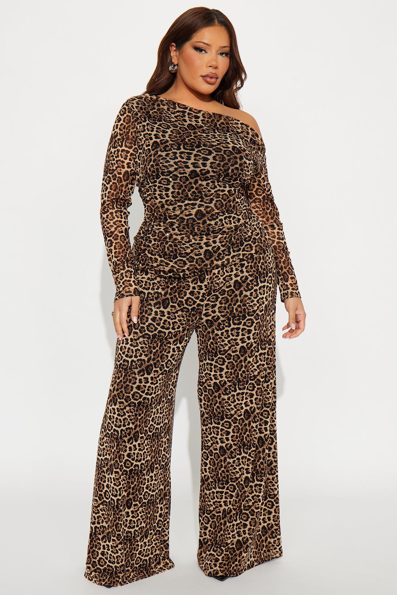 Kara Leopard Wide Leg Pant Set - Brown/combo